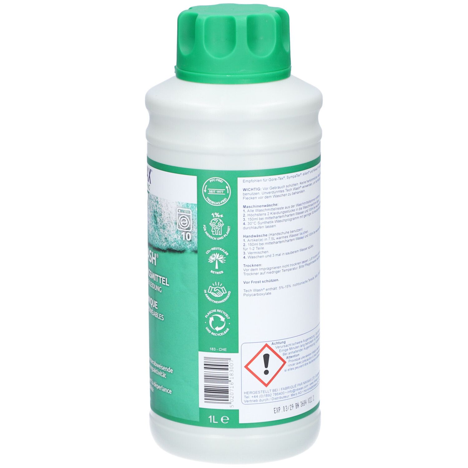 Dos du flacon blanc avec bouchon vert. Texte en plusieurs langues. Symbole de danger. 1L. Flacon debout.