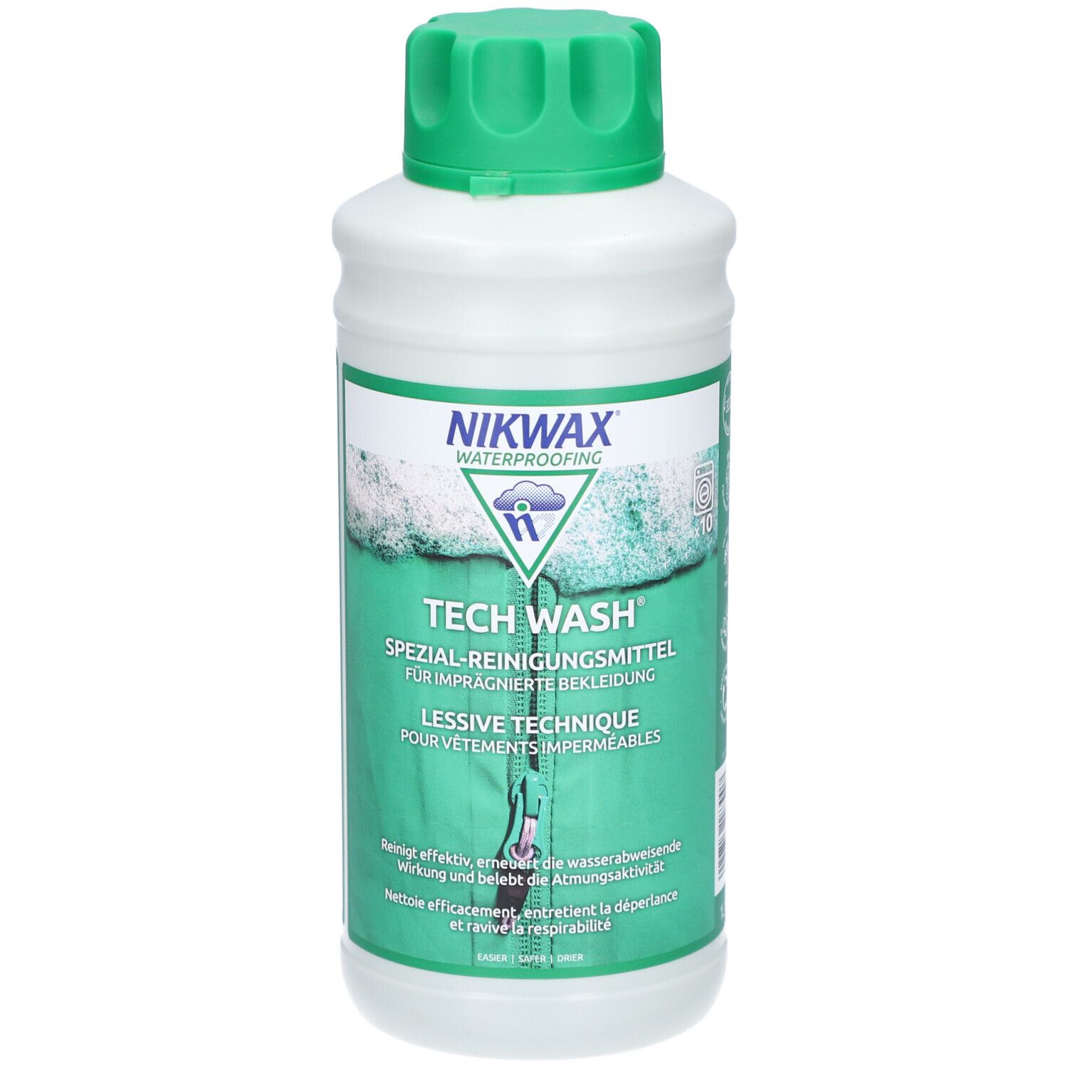 Flacon blanc avec bouchon vert. Inscription : Nikwax Tech Wash. Lessive technique pour vêtements imperméables. Flacon debout.