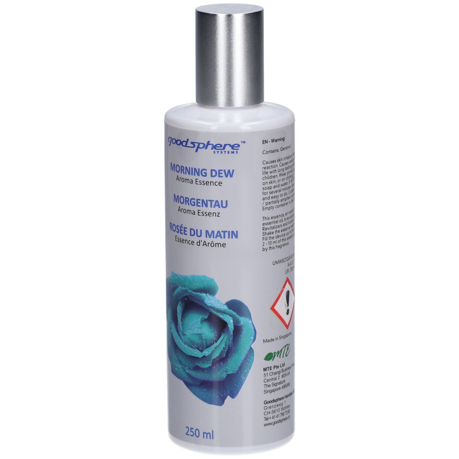 Flacon avec bouchon argenté. Inscription: Morning Dew Aroma Essence, Morgentau Aroma Essenz, Rosée du Matin Essence d'Arôme. 250 ml. Symboles de danger.