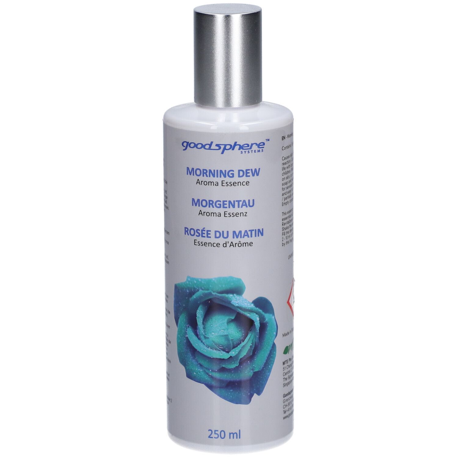 Flacon avec bouchon argenté. Inscription: Morning Dew Aroma Essence, Morgentau Aroma Essenz, Rosée du Matin Essence d'Arôme. 250 ml.