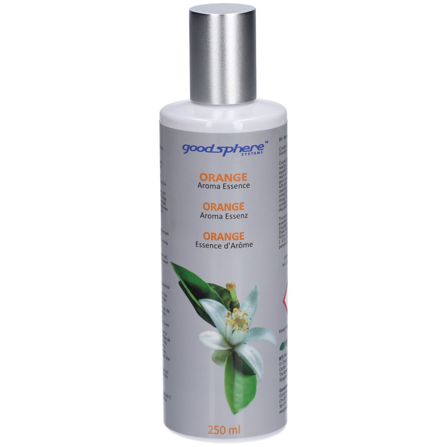 Flacon avec bouchon argenté. Inscription: Goodsphere, Orange Aroma Essenz. Illustration d'une fleur. 250 ml.