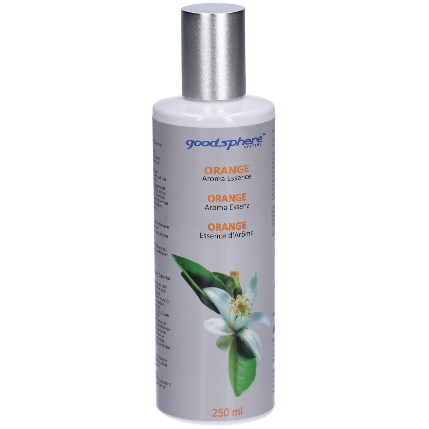 Flacon avec bouchon argenté. Inscription: Goodsphere, Orange Aroma Essenz. Illustration d'une fleur. 250 ml.