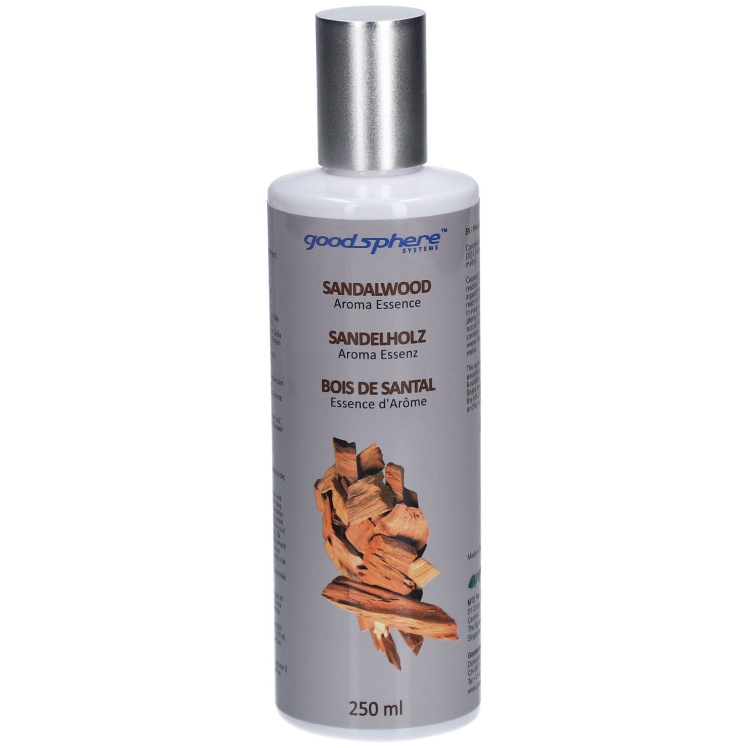 Flacon avec bouchon argenté. Inscription: Sandalwood Aroma Essence. Illustration de morceaux de bois. 250 ml.