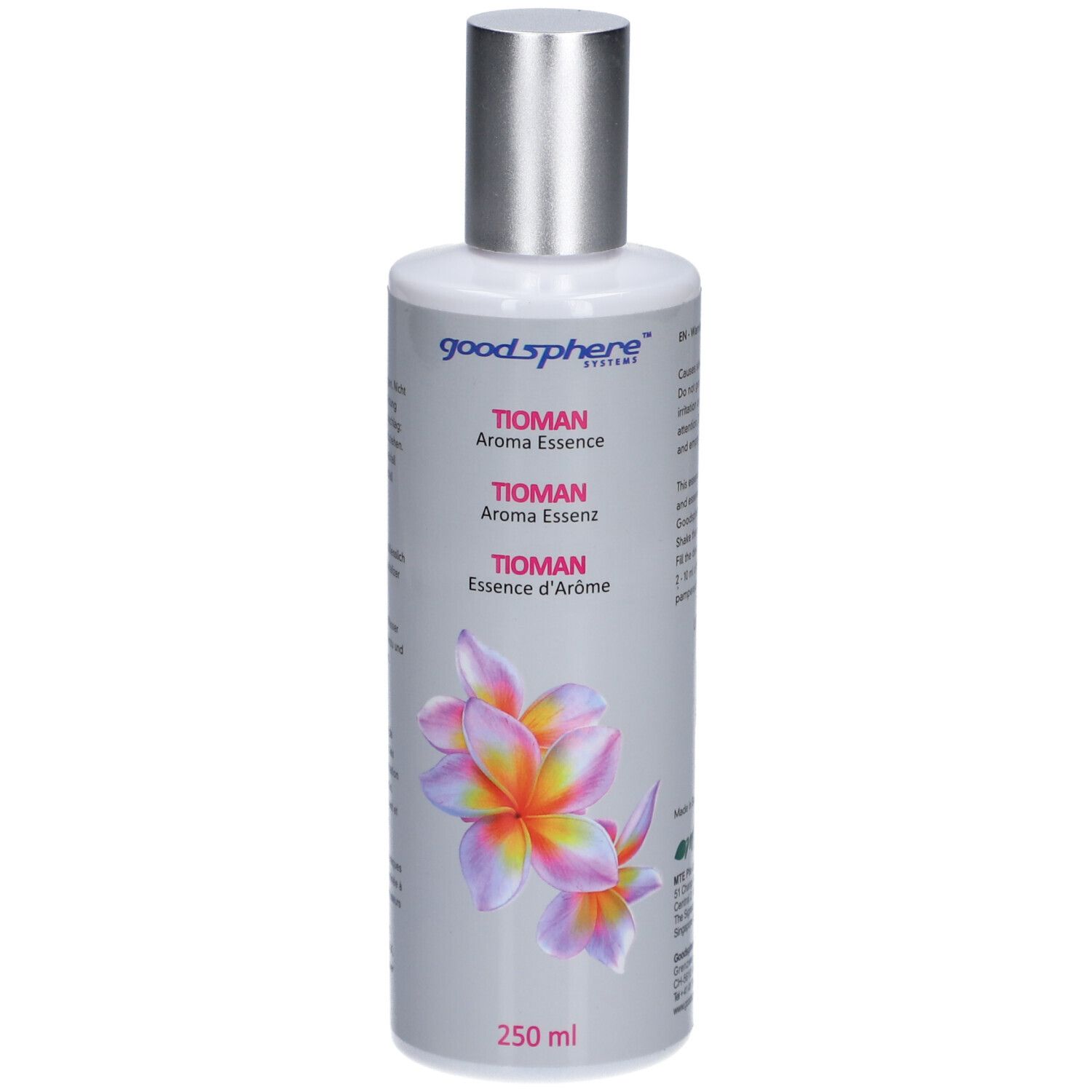 Flacon gris avec bouchon argenté. Inscription: TIOMAN Aroma Essenz. Illustration florale. 250 ml.