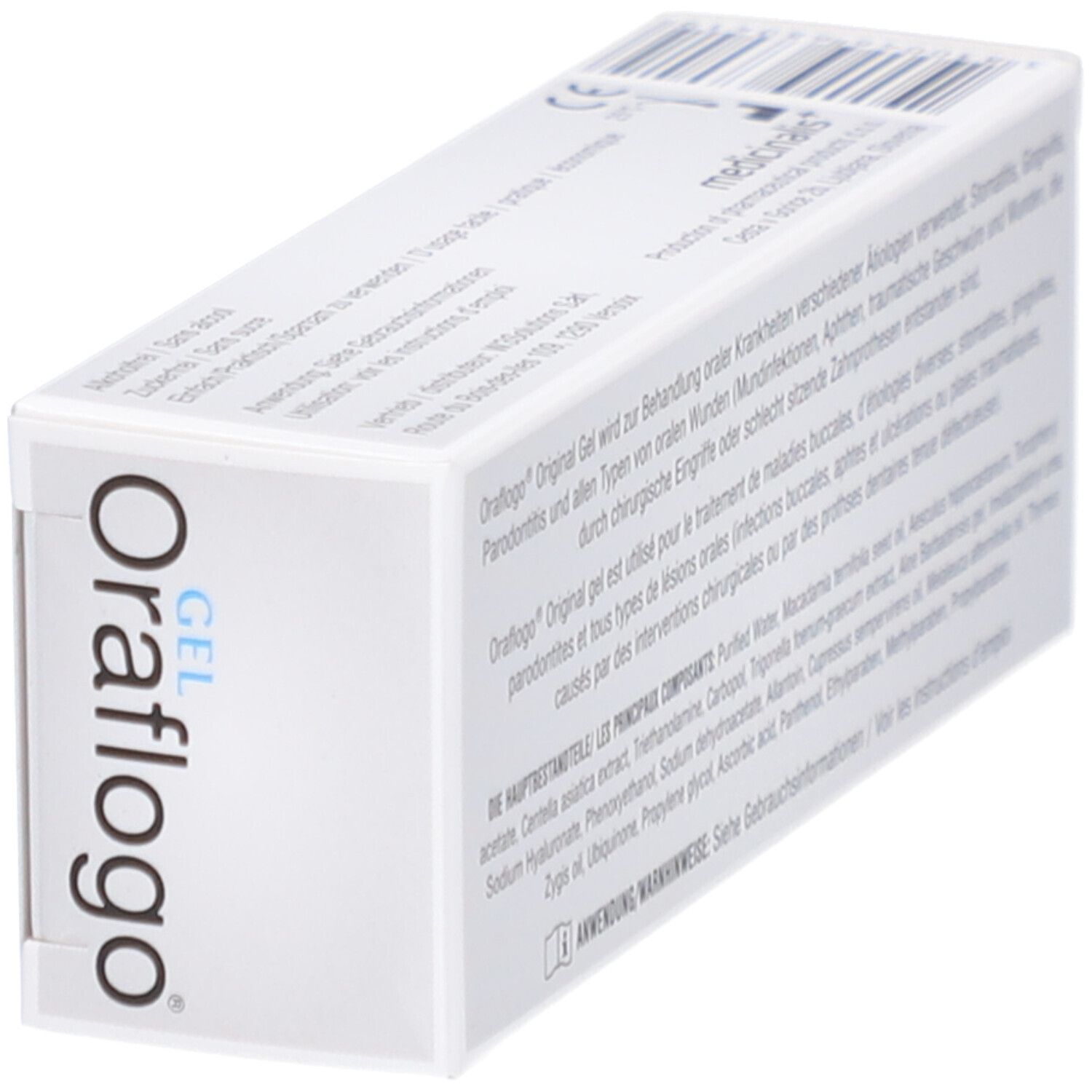 Boîte Oraflogo Gel, vue en biais. Texte: Ingrédients, instructions d'utilisation. Code-barres et numéro de lot.