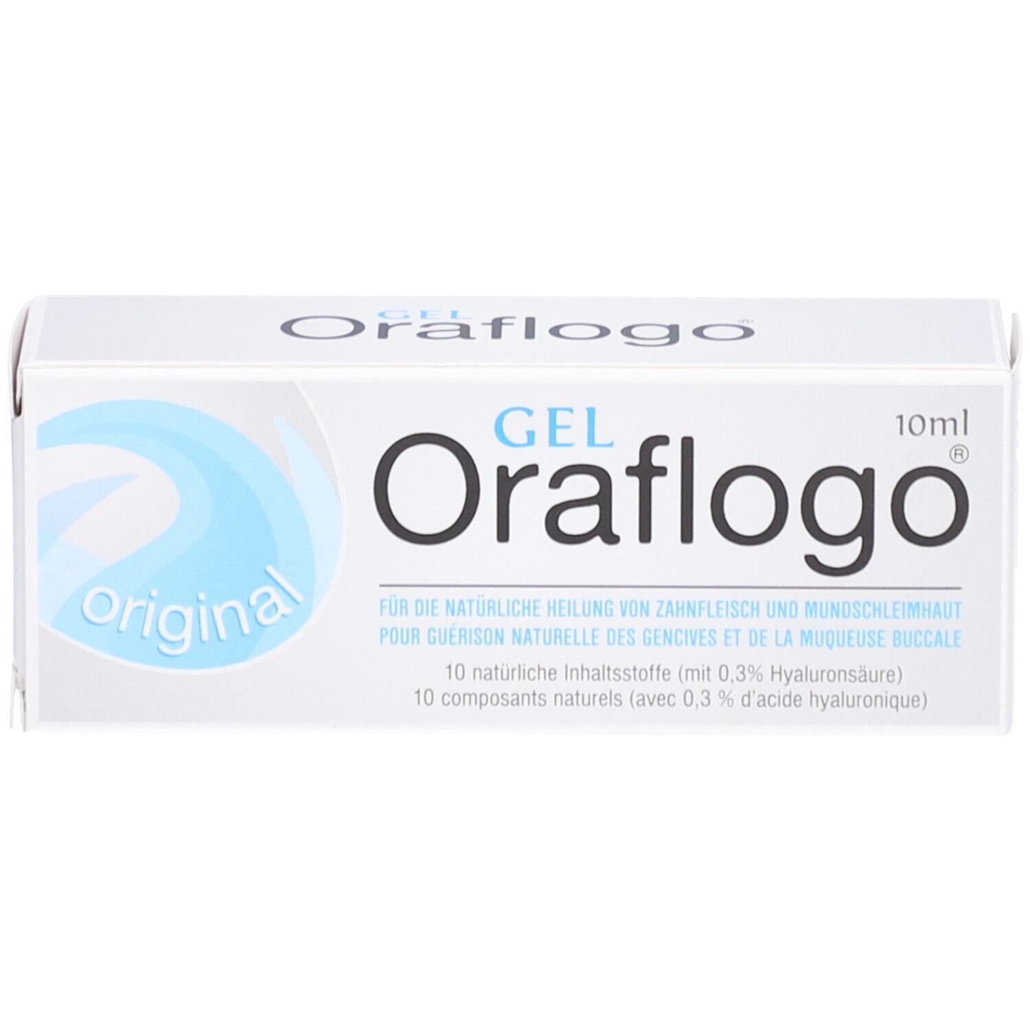 Boîte blanche avec design bleu. Oraflogo Gel, 10ml. Texte: Pour la guérison naturelle des gencives et de la muqueuse buccale.