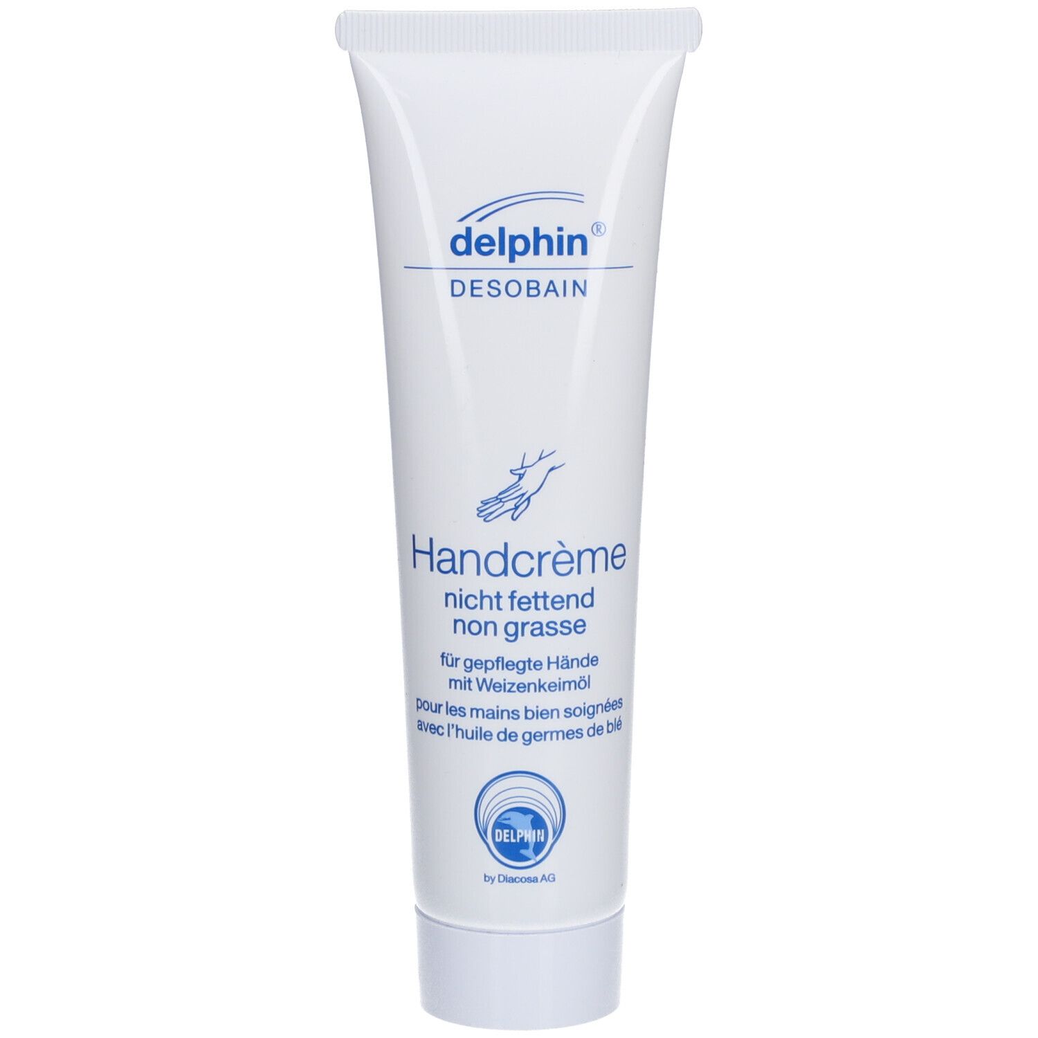 Tube blanc avec texte bleu 'delphin DESOBAIN Handcrème non grasse'. Dessin de main. Bouchon en haut.