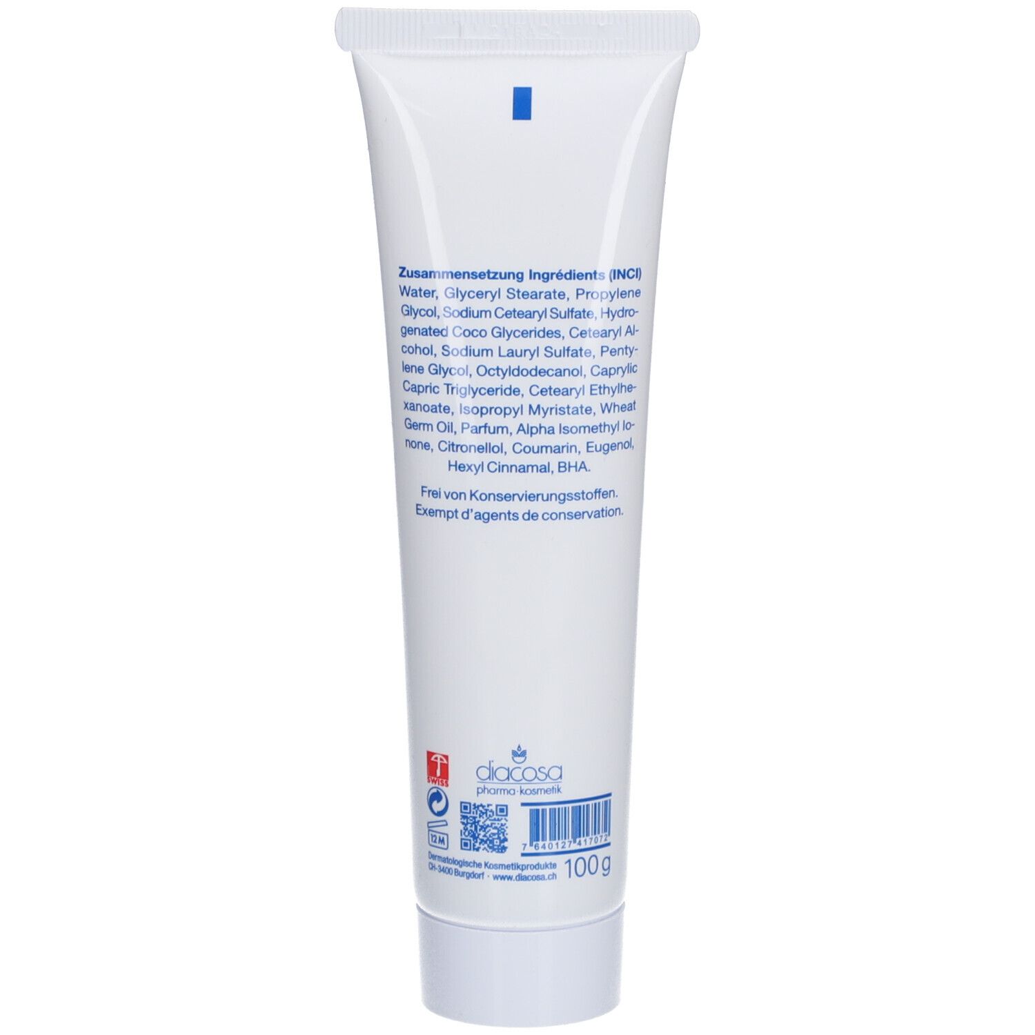Dos du tube blanc. Texte: Composition. Ingrédients. 100g. Logo Docosa Pharma AG. Code-barres.