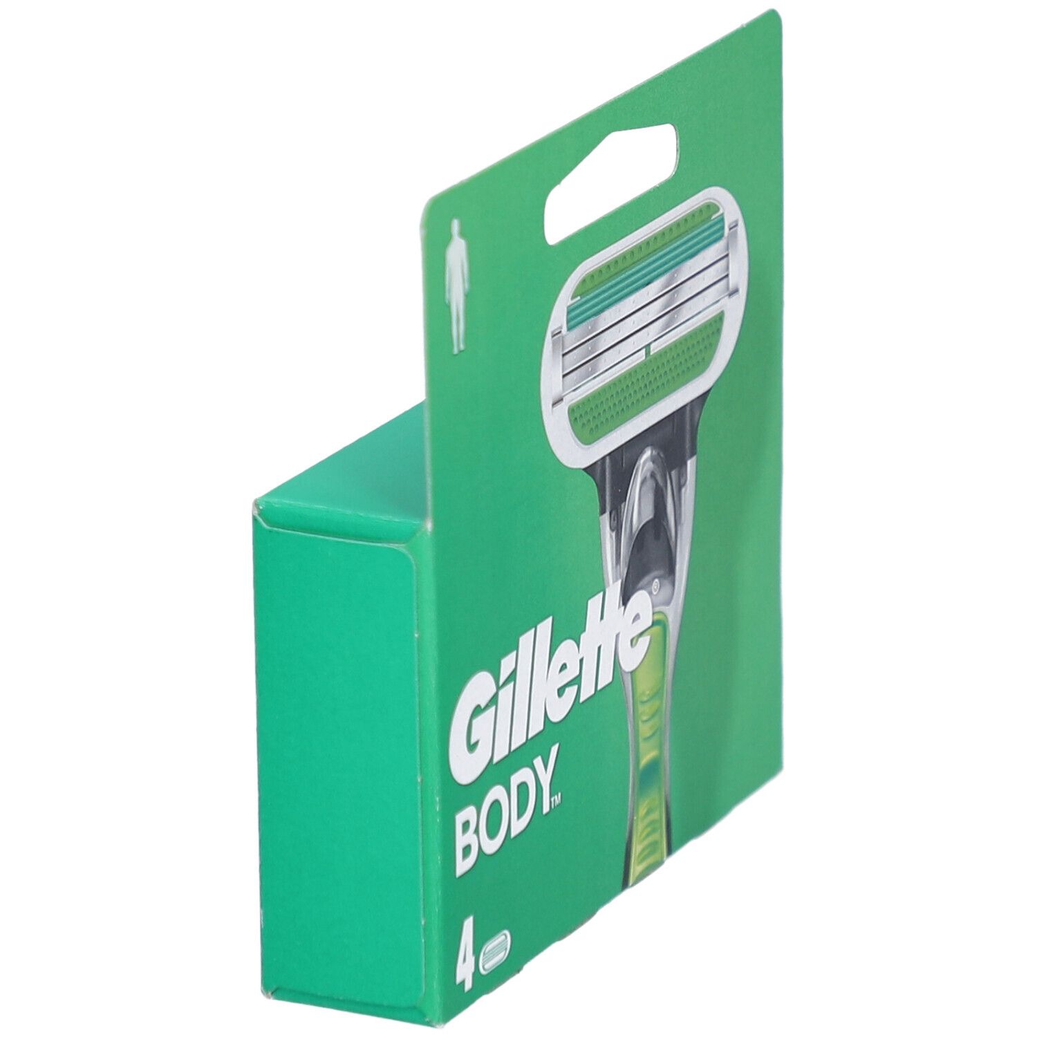 Emballage de lames de rasoir Gillette Body, vue latérale. Emballage vert et blanc avec image de rasoir. Marque : Gillette Body.