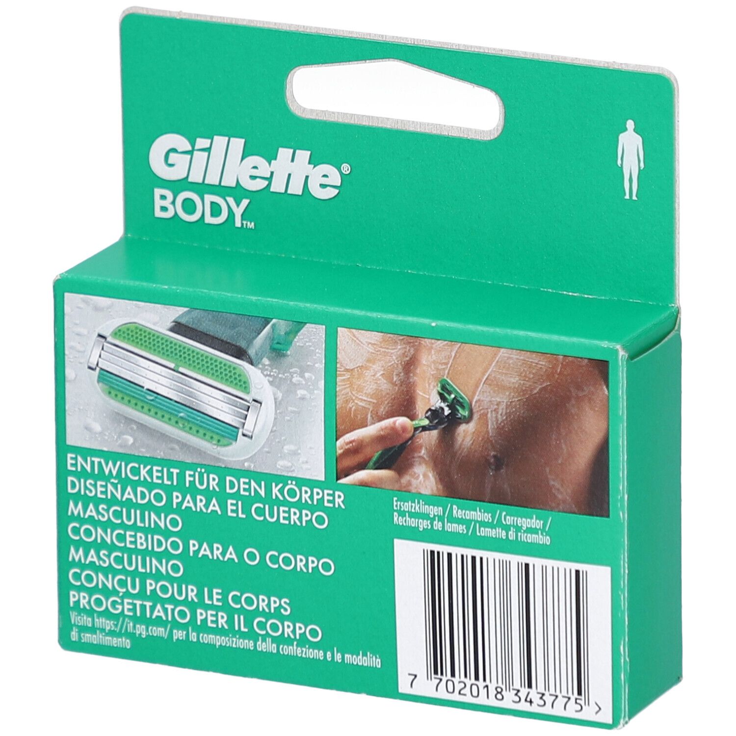 Dos de l'emballage Gillette Body. Texte multilingue. Image d'un homme qui se rase. Marque : Gillette Body.