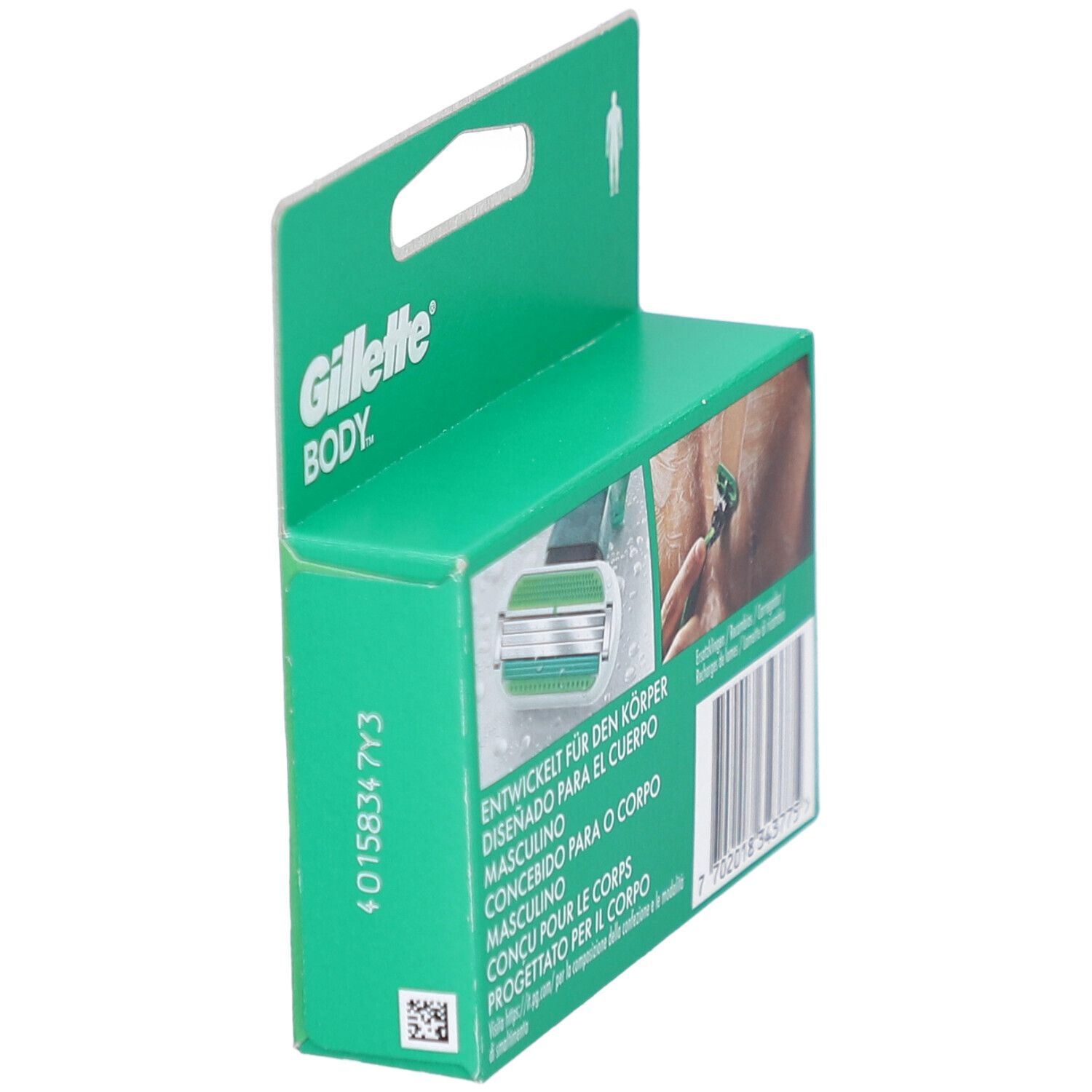 Emballage Gillette Body, vue arrière latérale. Emballage vert et blanc. Texte multilingue. Marque : Gillette Body.