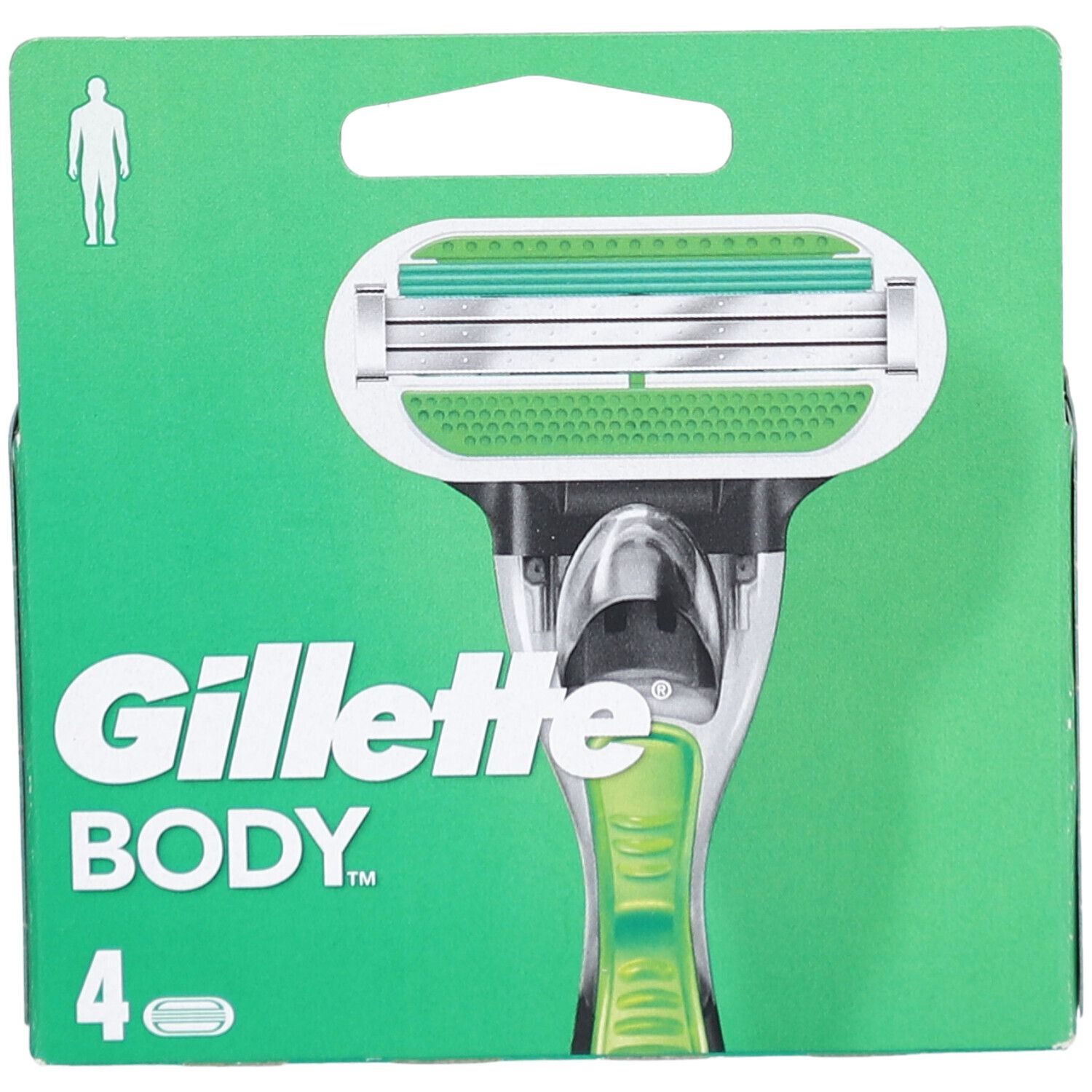 Emballage de lames de rasoir Gillette Body. Emballage vert et blanc avec image de rasoir. Contient 4 lames. Marque : Gillette Body.