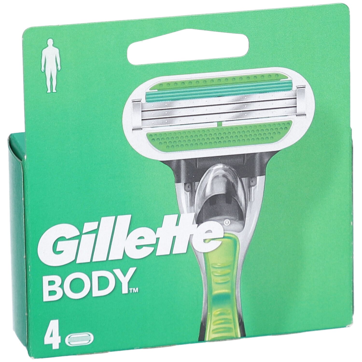 Emballage de lames de rasoir Gillette Body. Emballage vert et blanc avec image de rasoir. Contient 4 lames. Marque : Gillette Body.