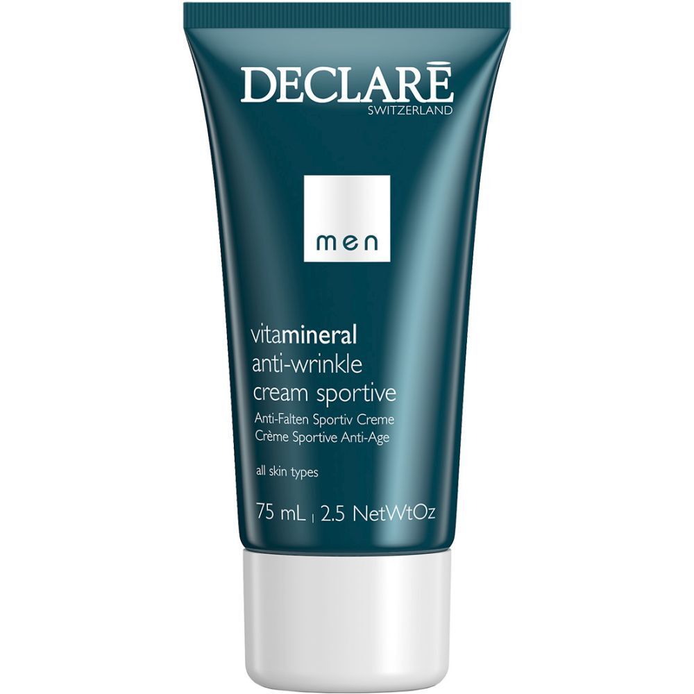 Tube bleu et blanc avec logo Declare et nom du produit. Contient 75 ml de crème anti-rides pour hommes.