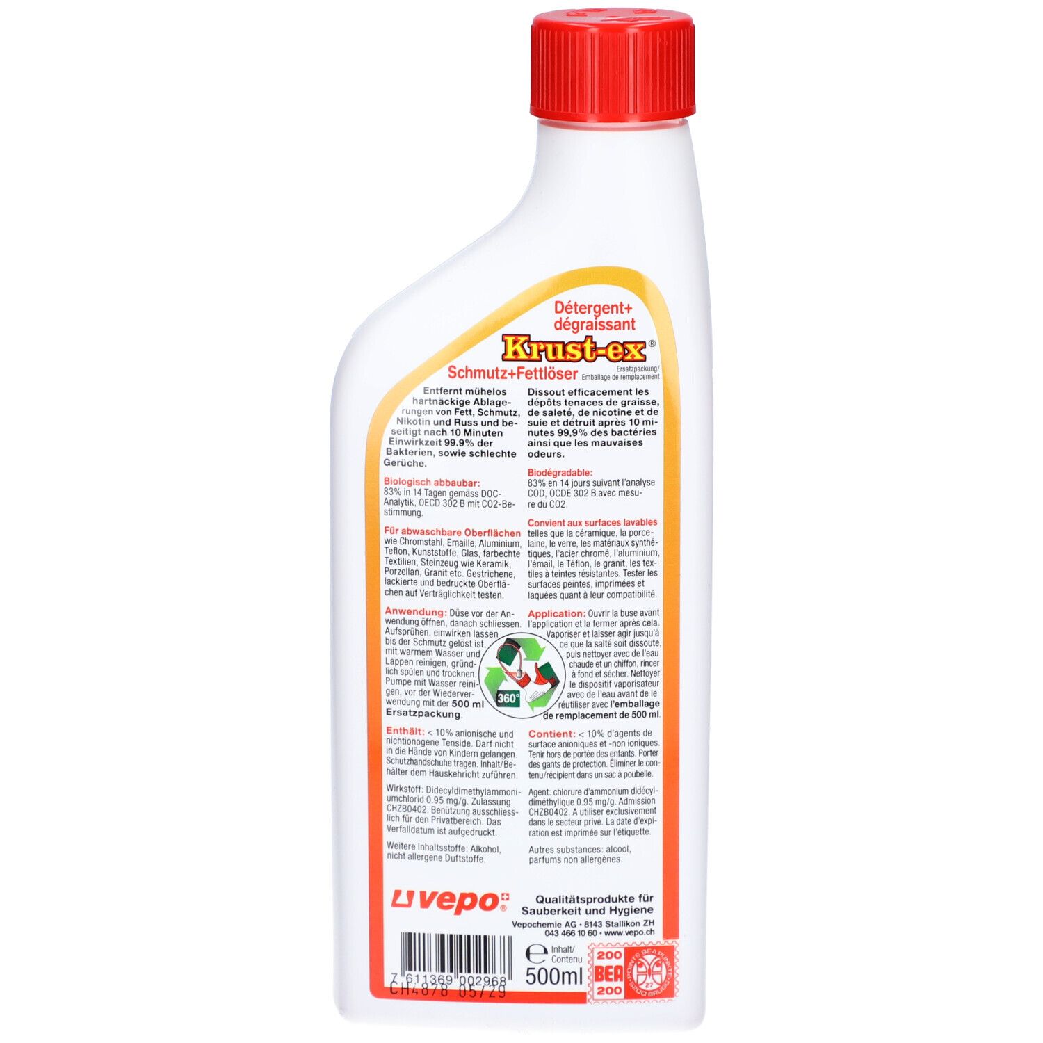Dos d'une bouteille avec bouchon rouge. Texte: Krust-ex, Dégraissant, Dégraissant. Informations et symbole de recyclage.