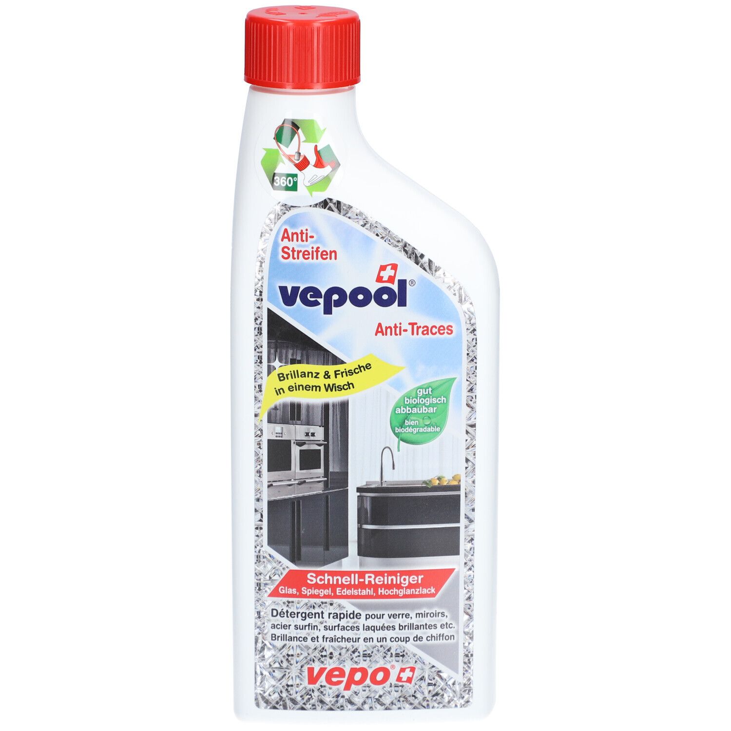 Flacon blanc, bouchon rouge. Inscription: vepool Anti-traces Schnell-Reiniger. Illustration d'une cuisine. Symbole de recyclage 360°.