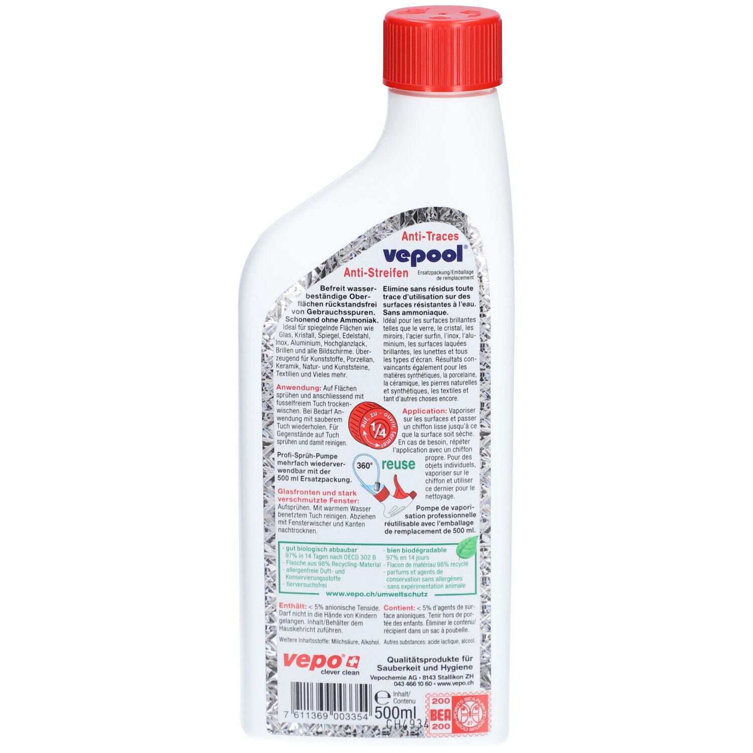 Dos du flacon blanc, bouchon rouge. Texte: vepool Anti-traces. Instructions d'utilisation. Symbole 360° reuse. Volume: 500ml.
