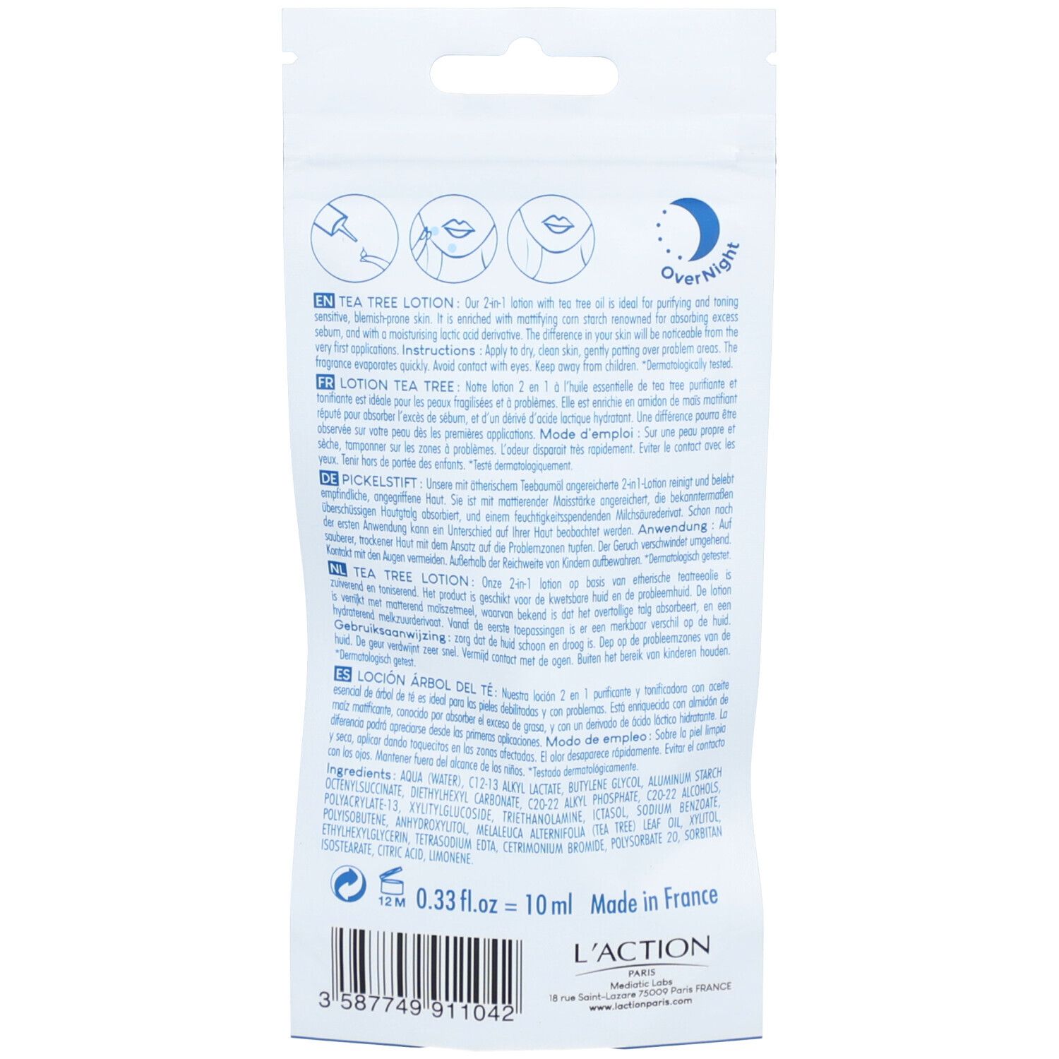 Dos du sachet. Texte multilingue. Ingrédients, mode d'emploi, nom du produit.
