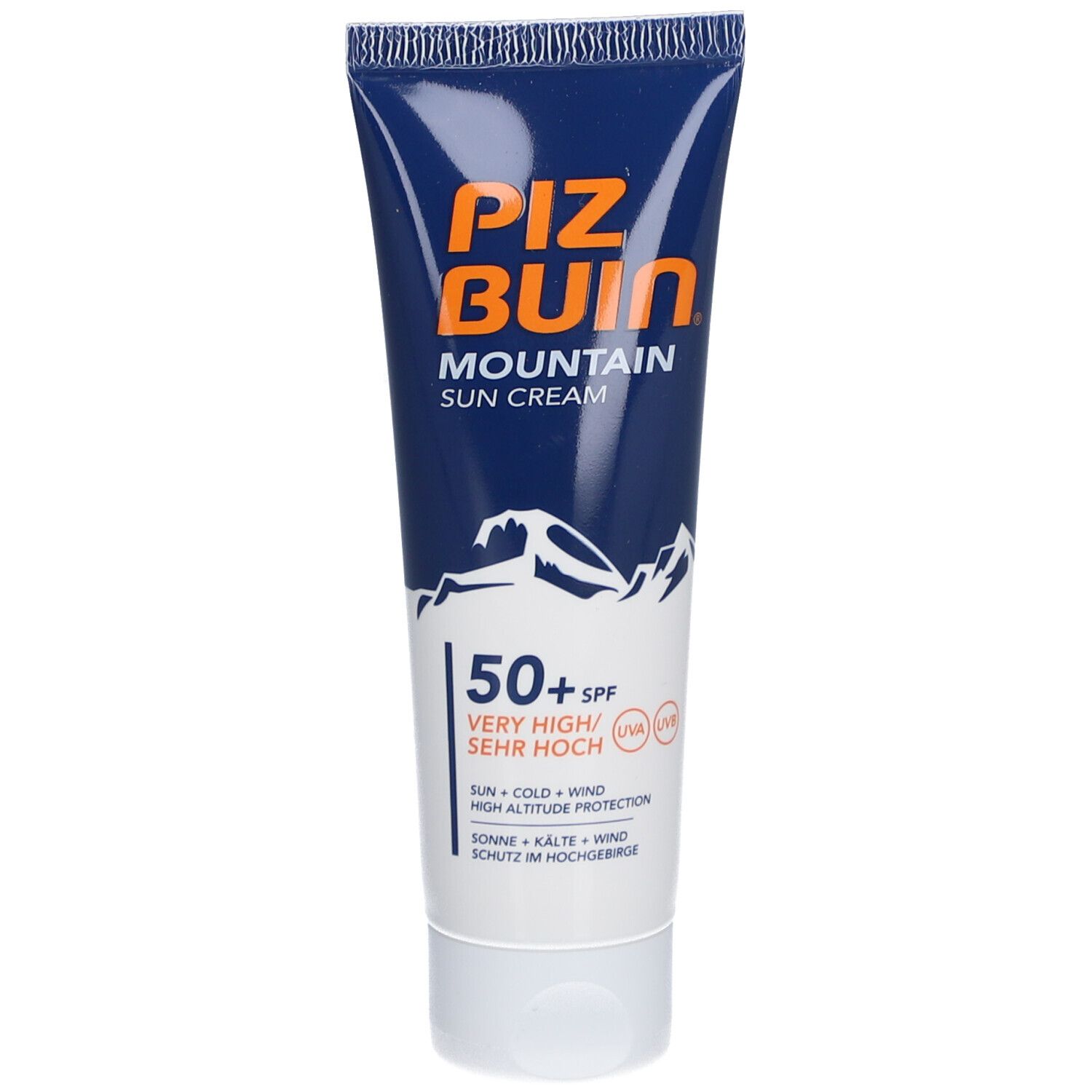 Tube bleue avec bouchon blanc. Inscription: PIZ BUIN MOUNTAIN SUN CREAM. 50+ SPF. Graphique de montagnes. Protection UV.