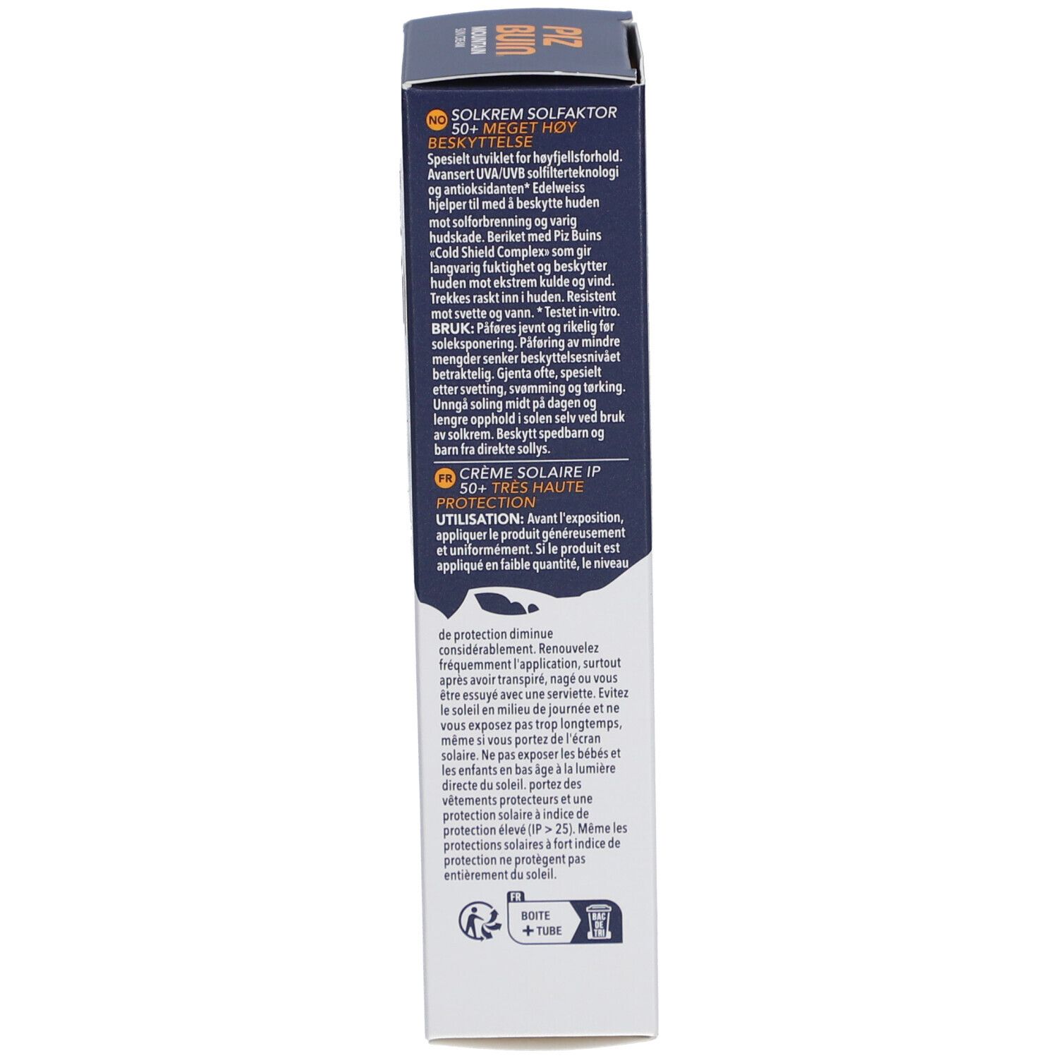 Côté de la boîte. Texte multilingue. Conseils d'utilisation. Protection UV. 50+ SPF.