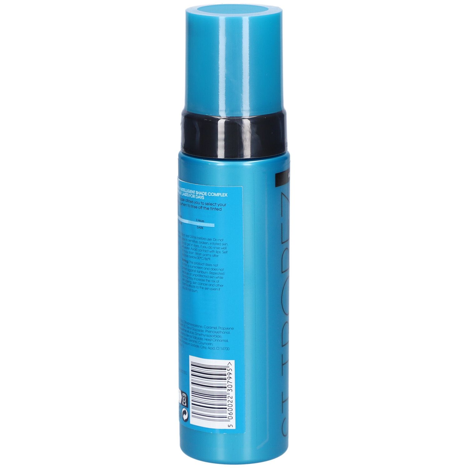 Flacon bleu turquoise avec bouchon bleu. Dos avec texte et code-barres. St.Tropez Self Tan Express.