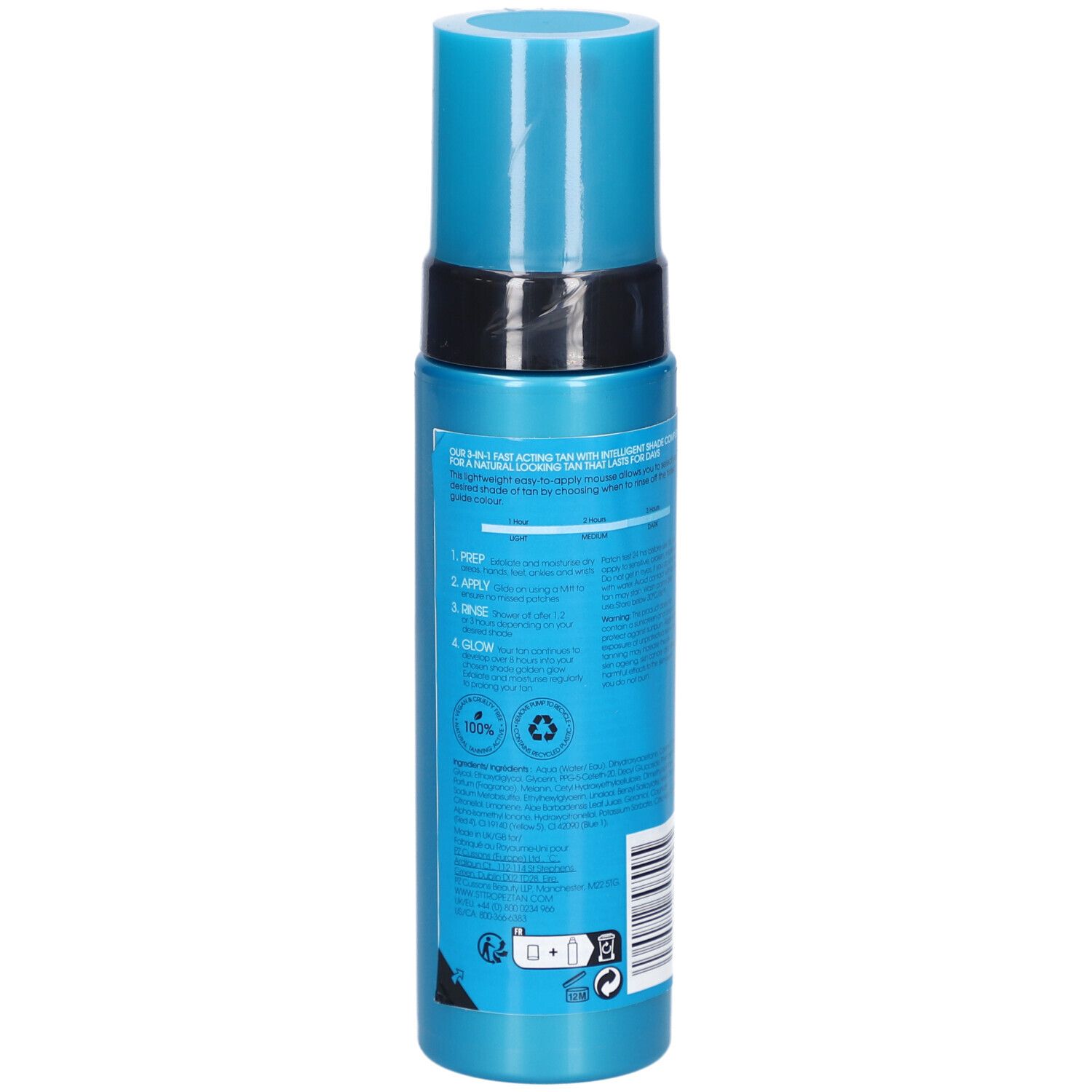 Flacon bleu turquoise avec bouchon bleu. Dos avec texte et symboles. St.Tropez Self Tan Express.