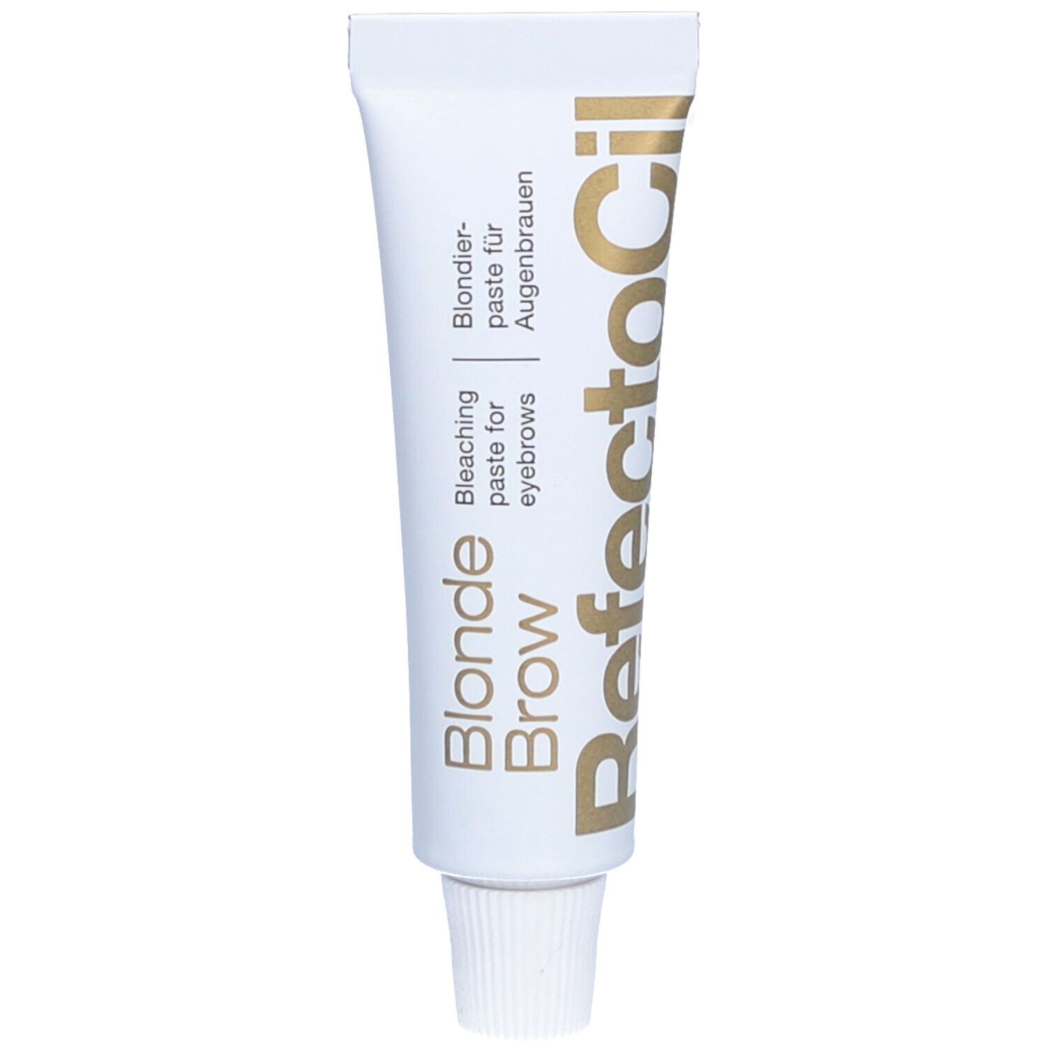 Tube blanche avec texte doré. Blonde Brow, pâte éclaircissante pour sourcils.