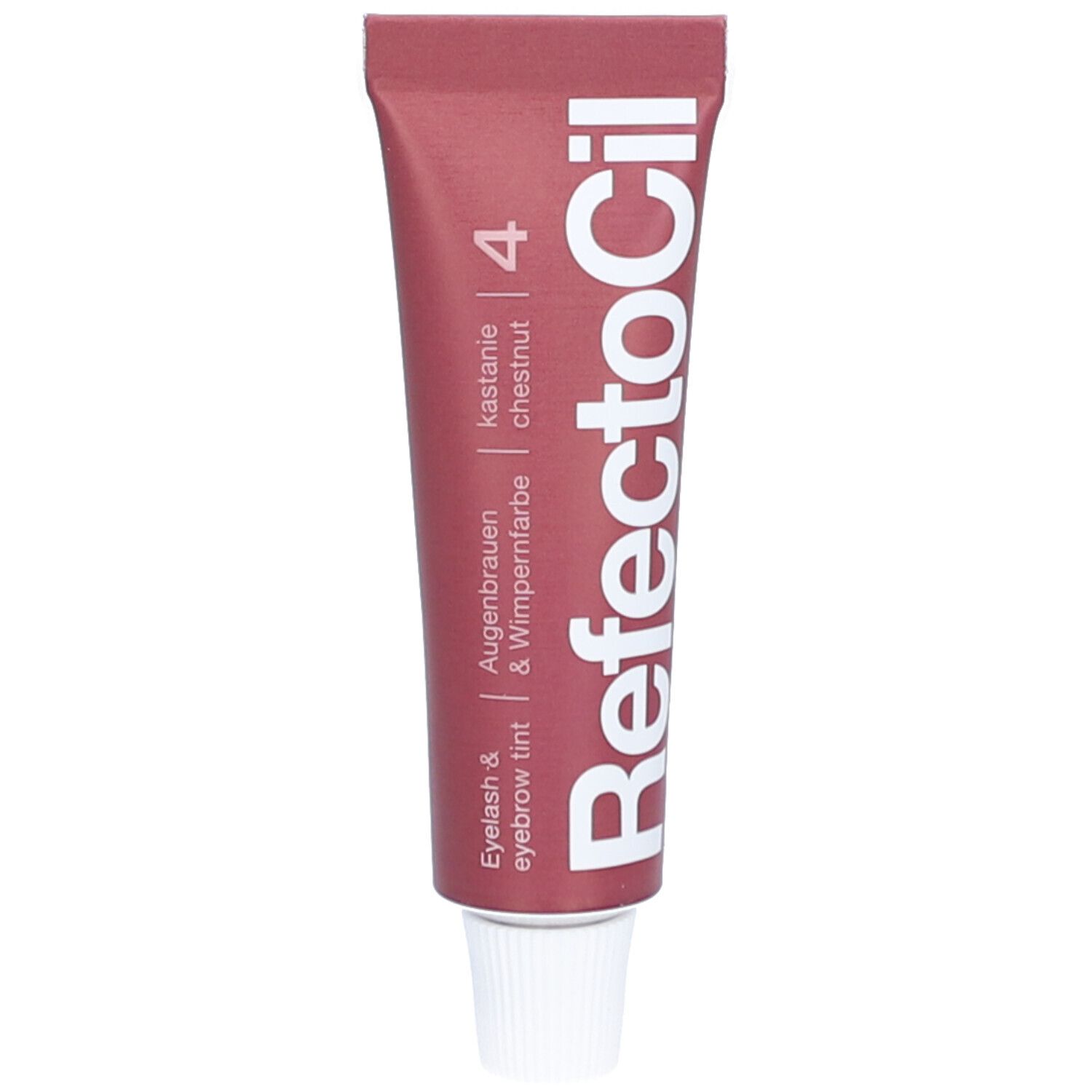 Tube de teinture pour cils RefectoCil châtaigne 4. Teinture pour sourcils et cils. Couleur châtaigne. Bouchon à vis blanc.