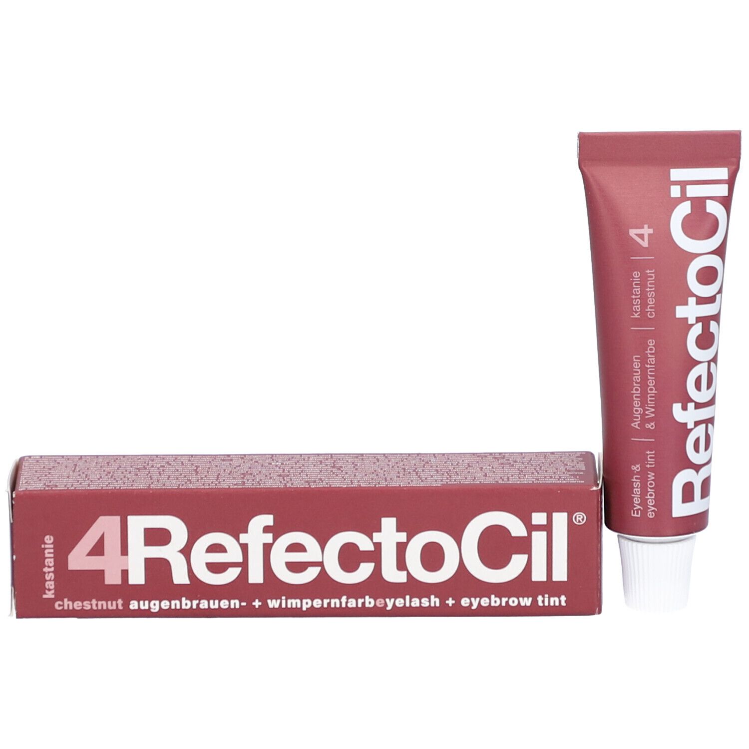 RefectoCil teinture pour cils châtaigne 4 et carton. Carton avec nom du produit et teinte. Tube avec bouchon blanc.