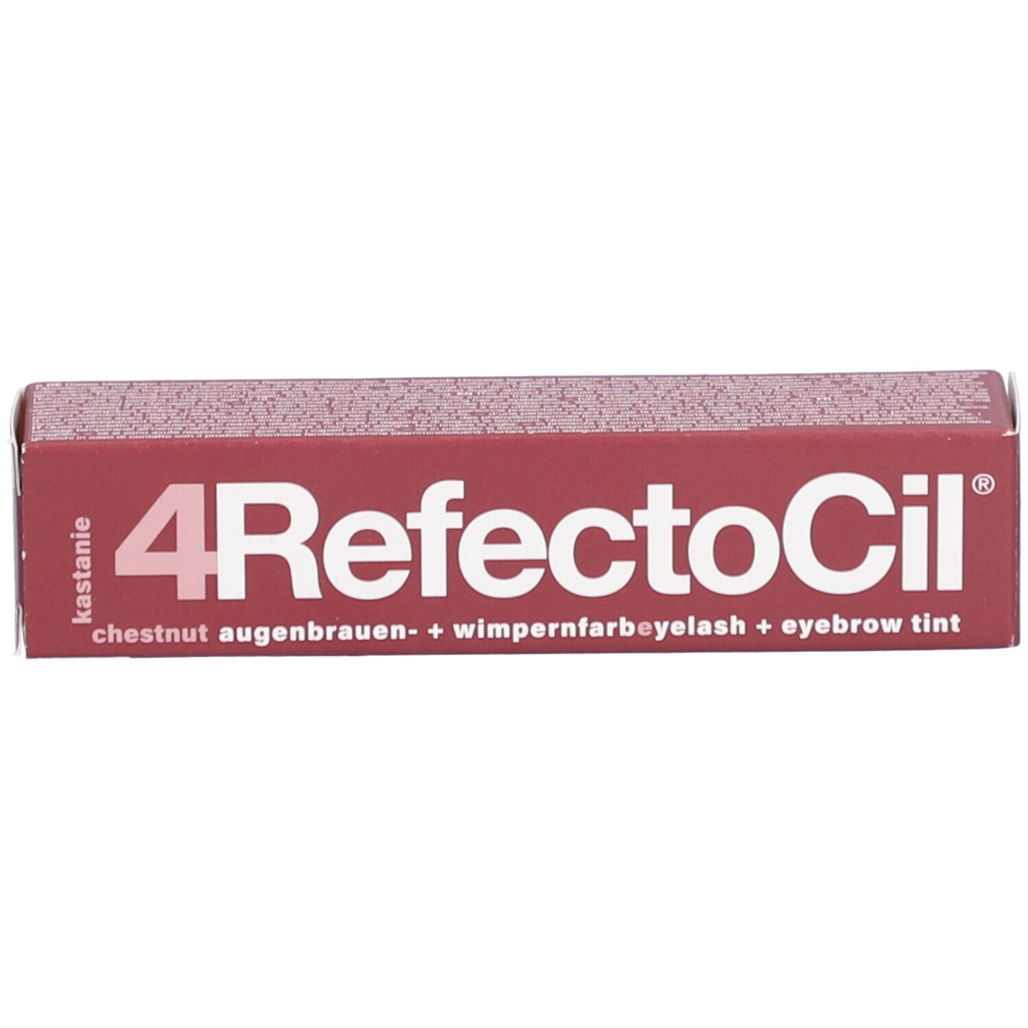 Boîte de teinture pour cils RefectoCil châtaigne 4. Nom du produit et teinte. Emballage rouge.