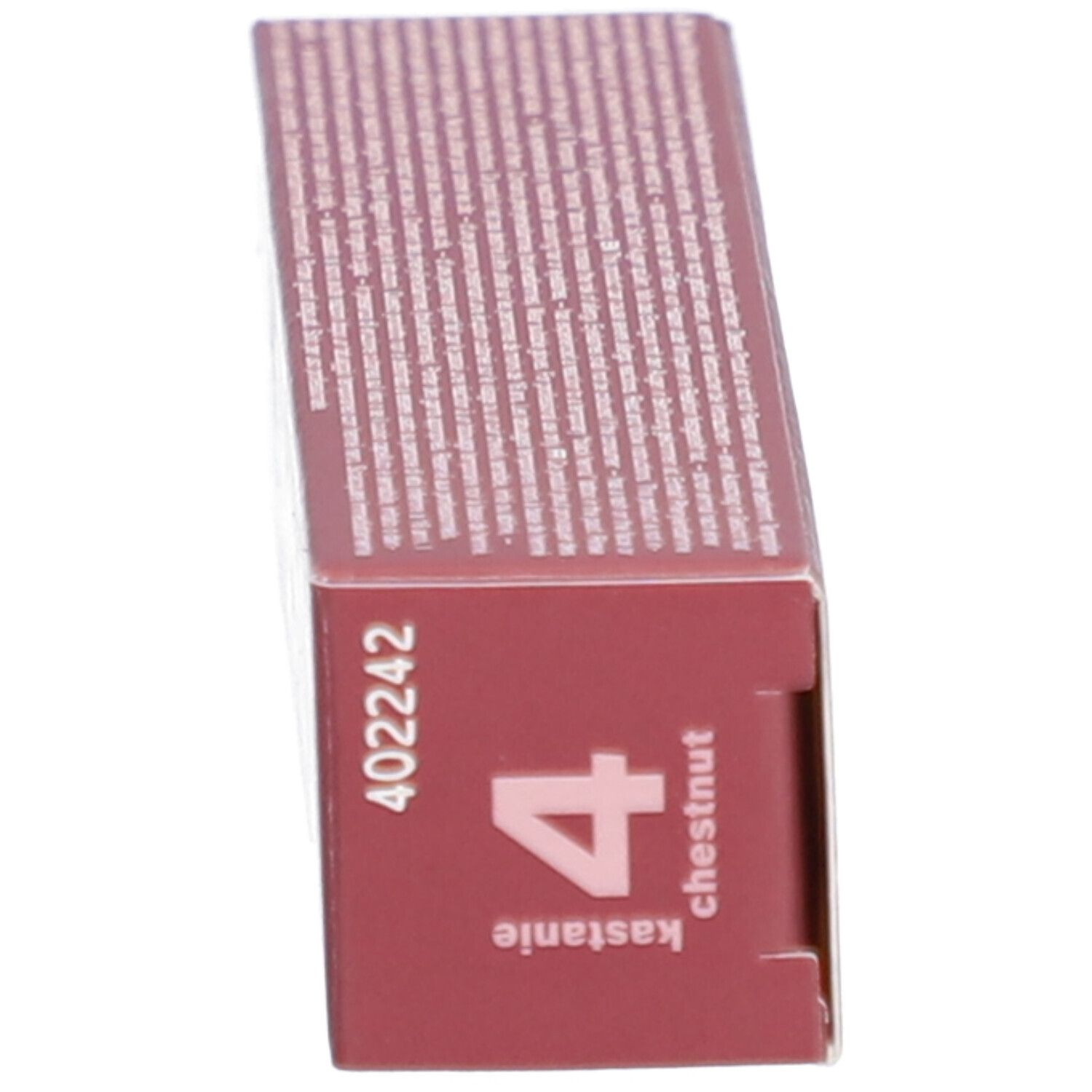 Côté de l'emballage en carton RefectoCil teinture pour cils châtaigne 4. Nom du produit et teinte.