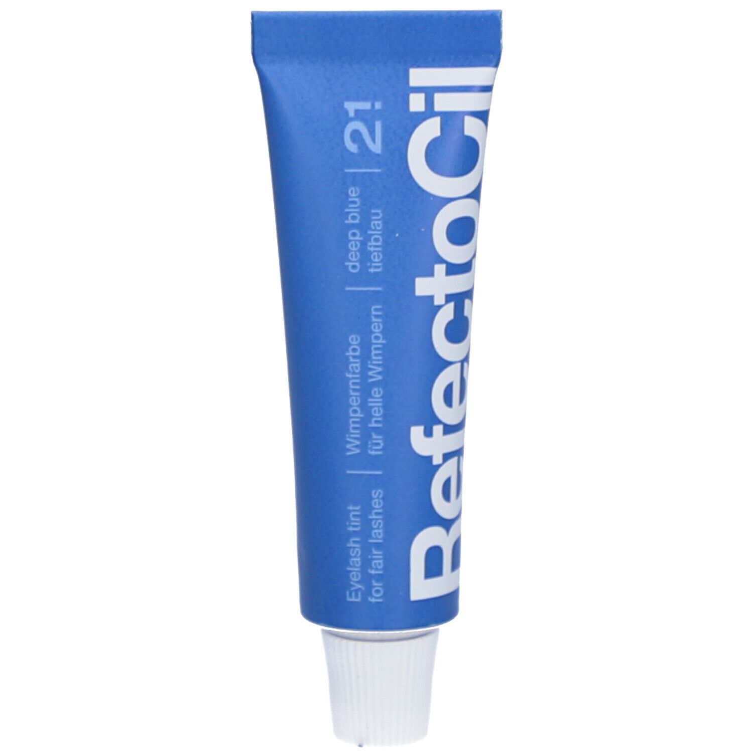 Tube bleue RefectoCil 2.1, teinture cils bleu profond. Texte: Eyelash tint for fair lashes.