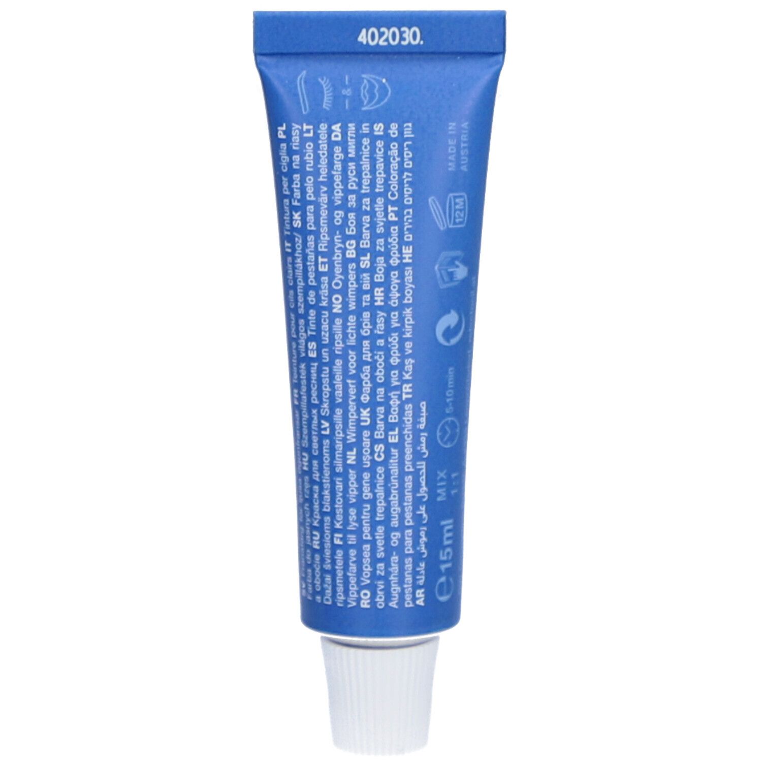 Dos du tube bleu RefectoCil 2.1. Texte multilingue. Volume: 15ml.