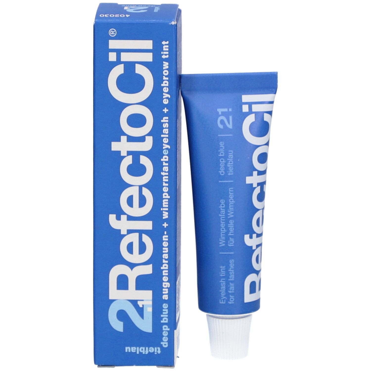 Boîte bleue et tube RefectoCil 2.1. Texte: deep blue augenbrauen- + wimpernfarbeyelash + eyebrow tint.