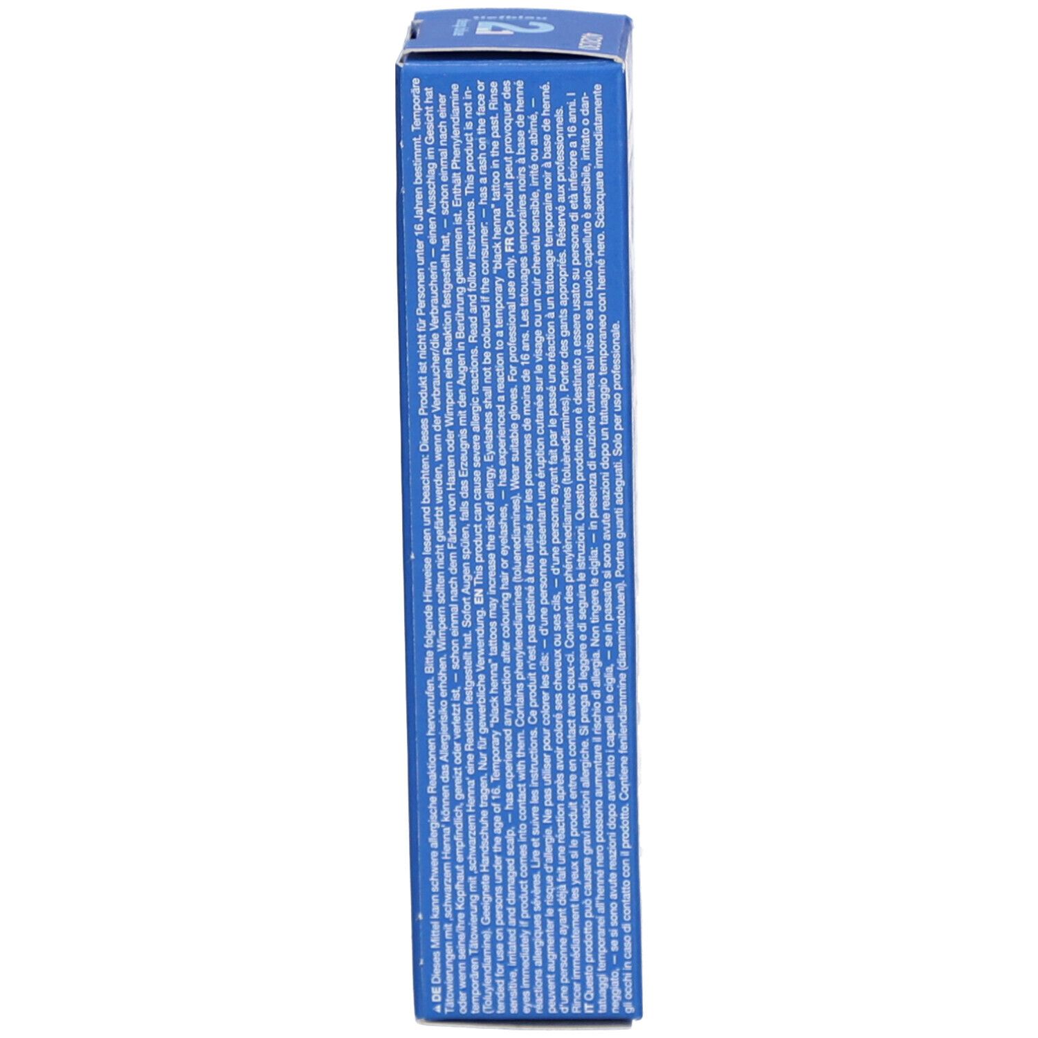 Côté de la boîte bleue RefectoCil 2.1. Texte multilingue.