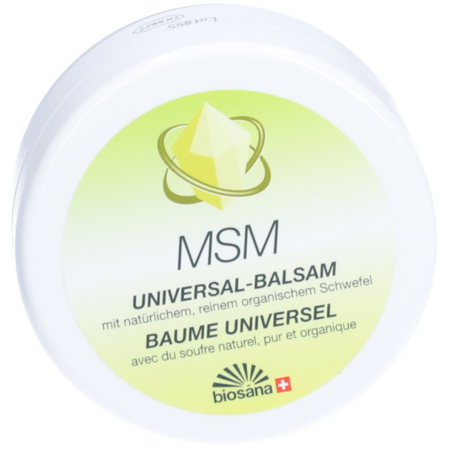 Pot rond blanc avec étiquette verte. Texte: MSM Baume Universel. Logo: cristal jaune avec cercles. Marque: biosana.