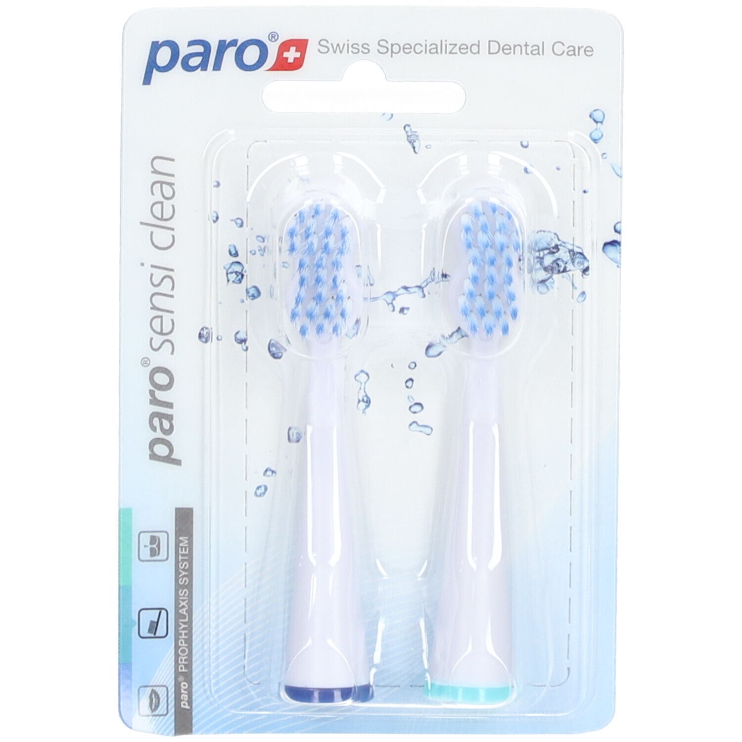 Deux têtes de brosse à dents de remplacement paro® Sensi Clean sous blister.