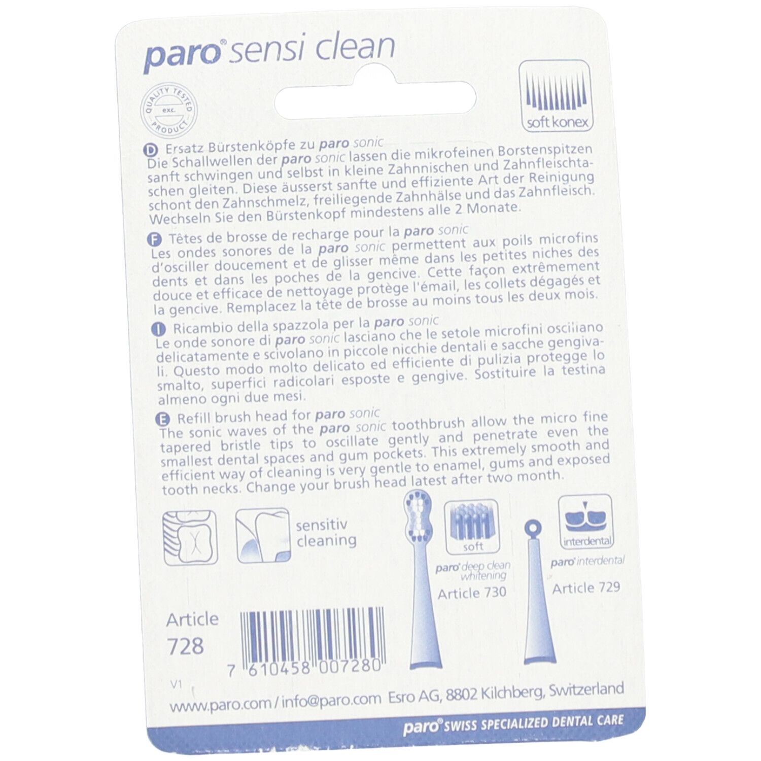 Arrière de l'emballage des têtes de brosse à dents de remplacement paro® Sensi Clean avec informations produit.