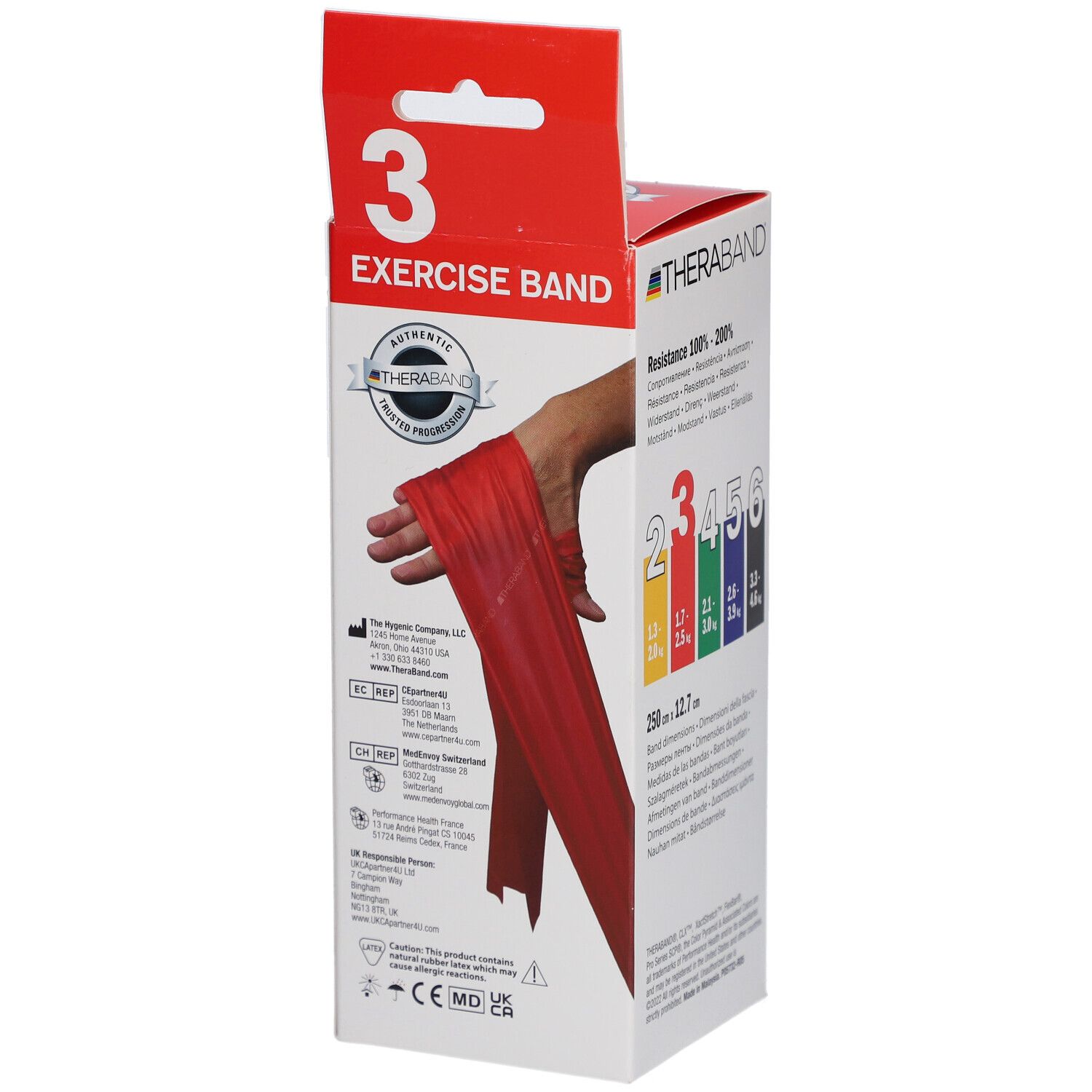 Boîte TheraBand Exercise Band. Logo et texte. Certifications. Bande rouge. Résistance 100%-200%. Dimensions bande 250x12.7mm.