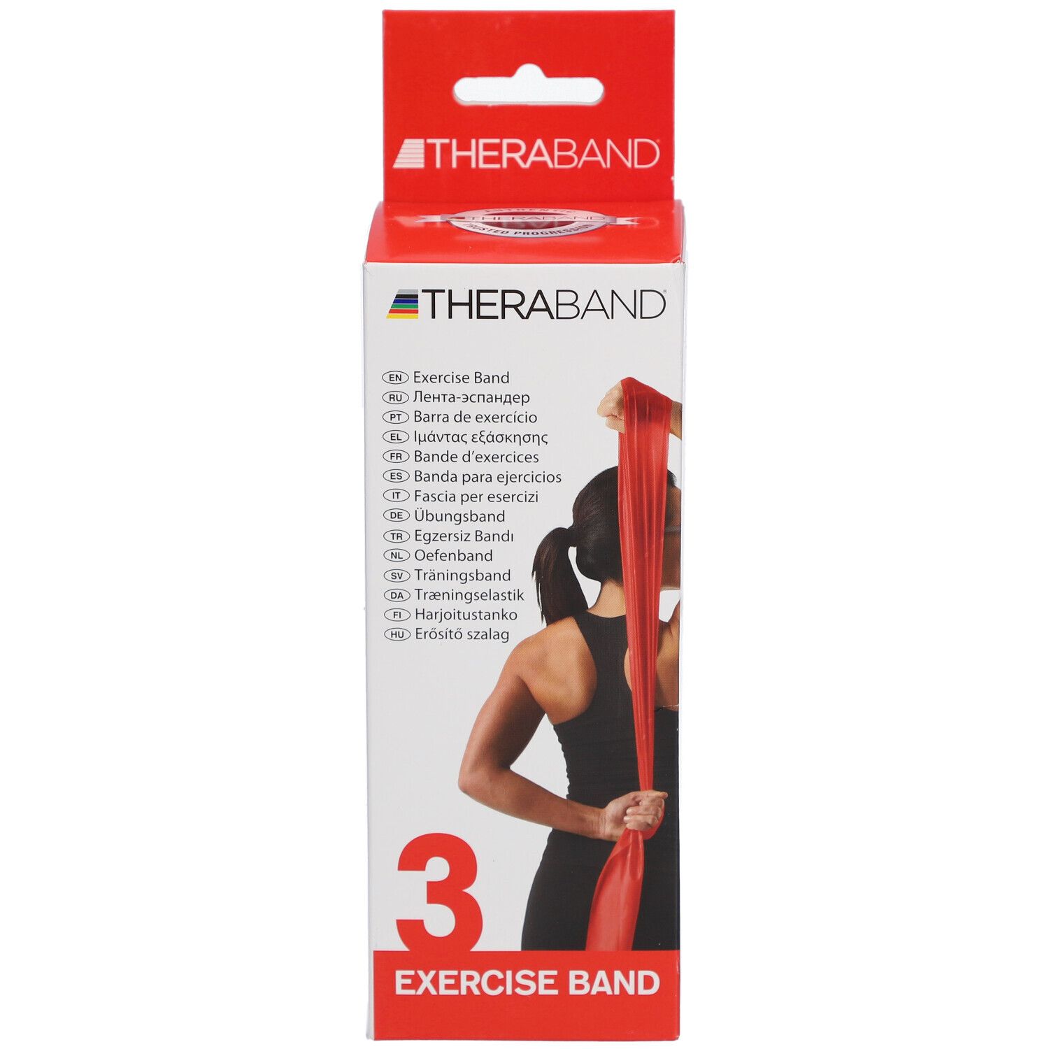 Boîte TheraBand Exercise Band. Bande rouge. Femme tenant la bande. Informations produit. Numéro 3. Logo TheraBand.