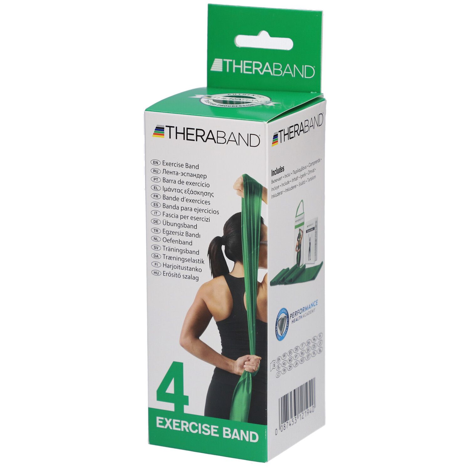 Boîte TheraBand verte. Texte: Exercise Band, 4. Femme tenant la bande derrière le dos. Avec sac.