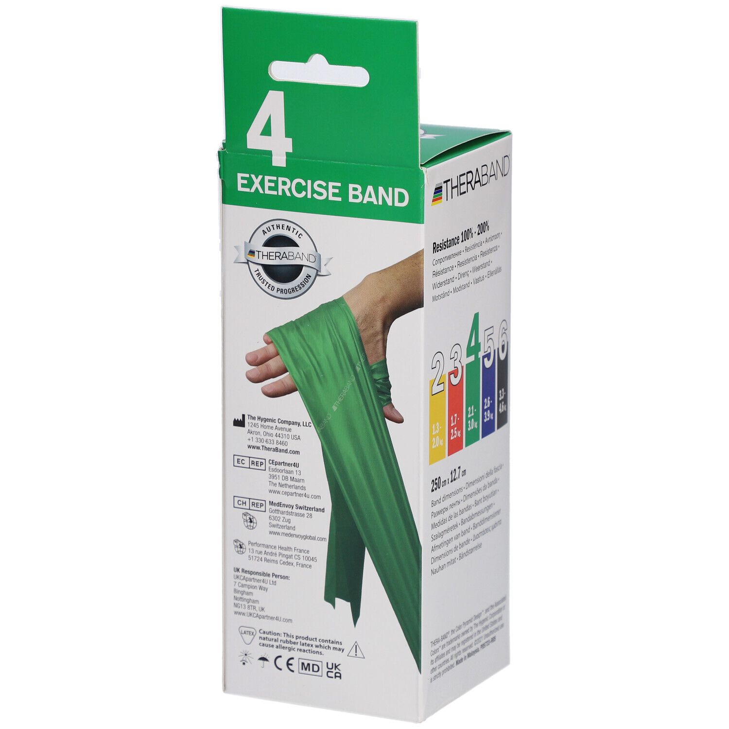 Boîte TheraBand verte. Texte: Exercise Band, 4. Main tenant une bande verte. Avec sac.