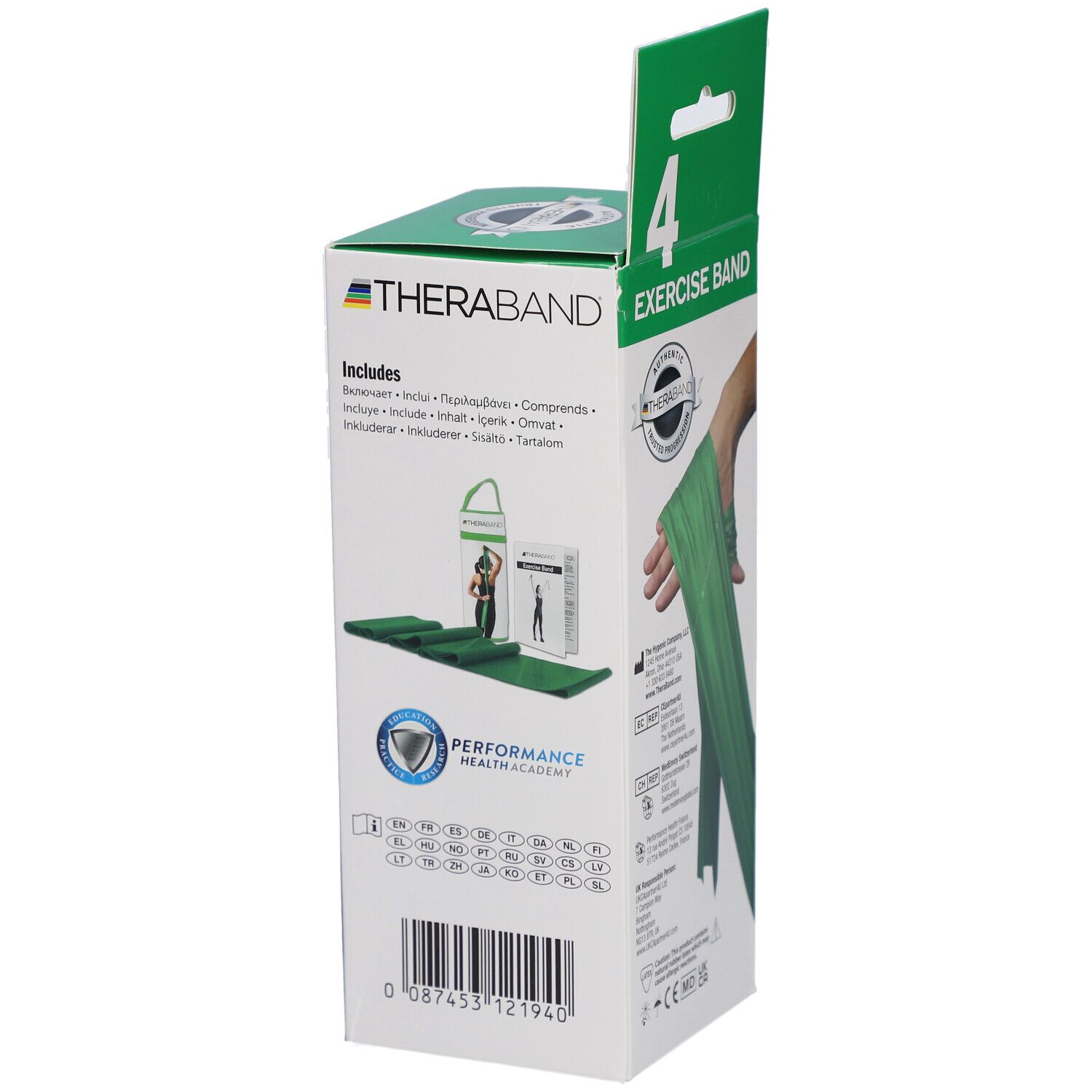Boîte TheraBand verte. Texte: Exercise Band, 4. Contient sac, tapis, bande. Avec sac.