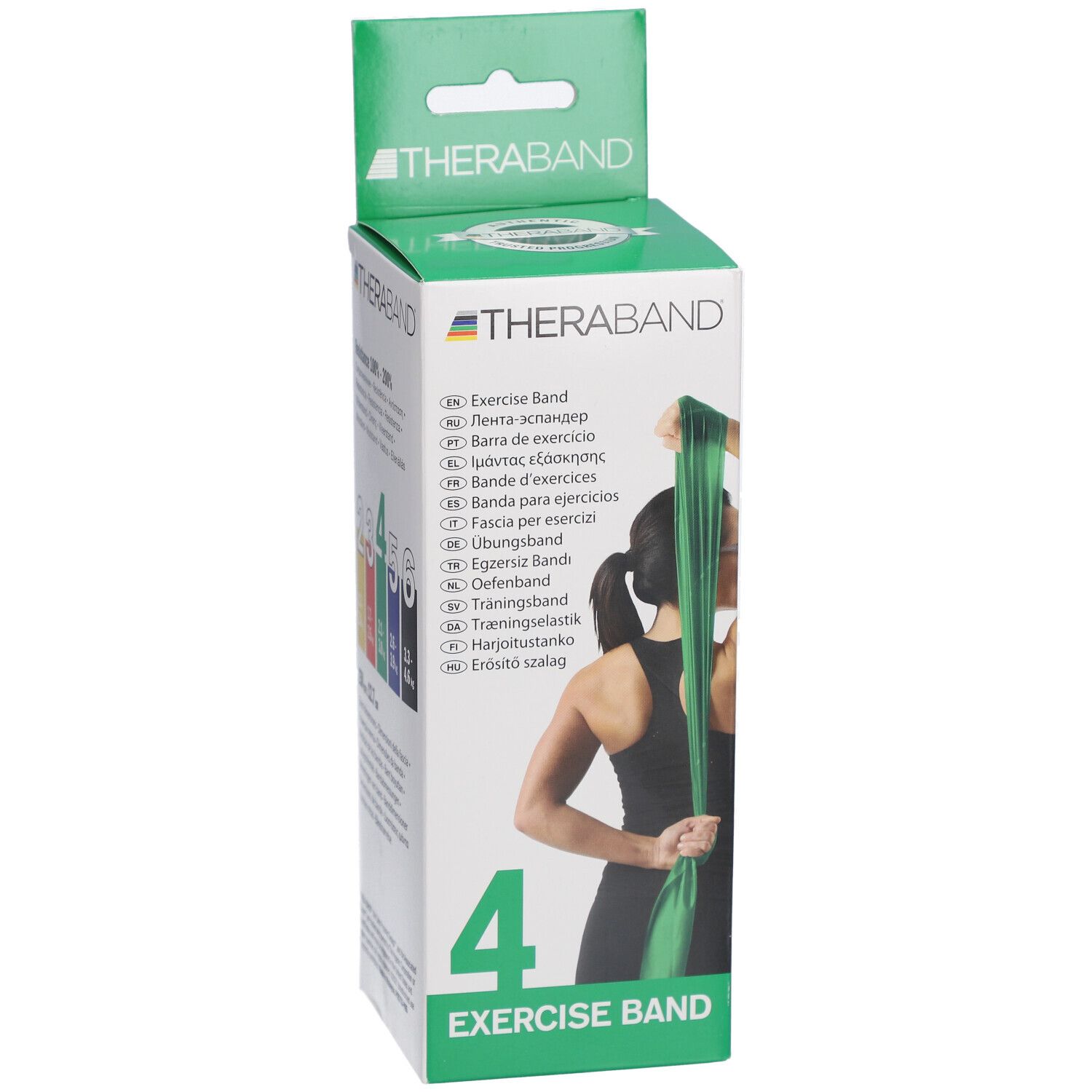 Boîte TheraBand verte. Texte: Exercise Band, 4. Femme tenant la bande derrière le dos. Avec sac.