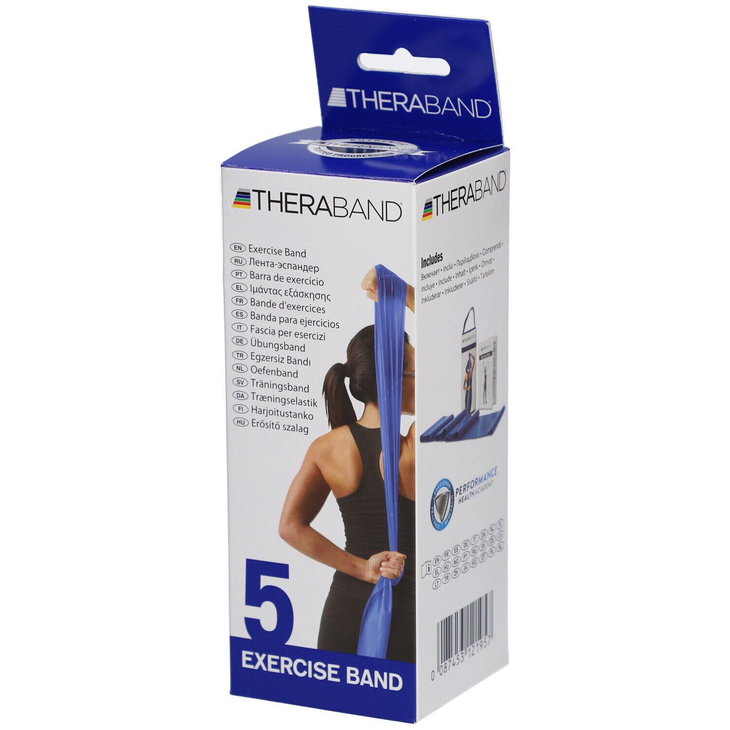 Boîte TheraBand. Bande d'exercice bleue, femme tenant la bande. Texte: Exercise Band, 5, TheraBand.