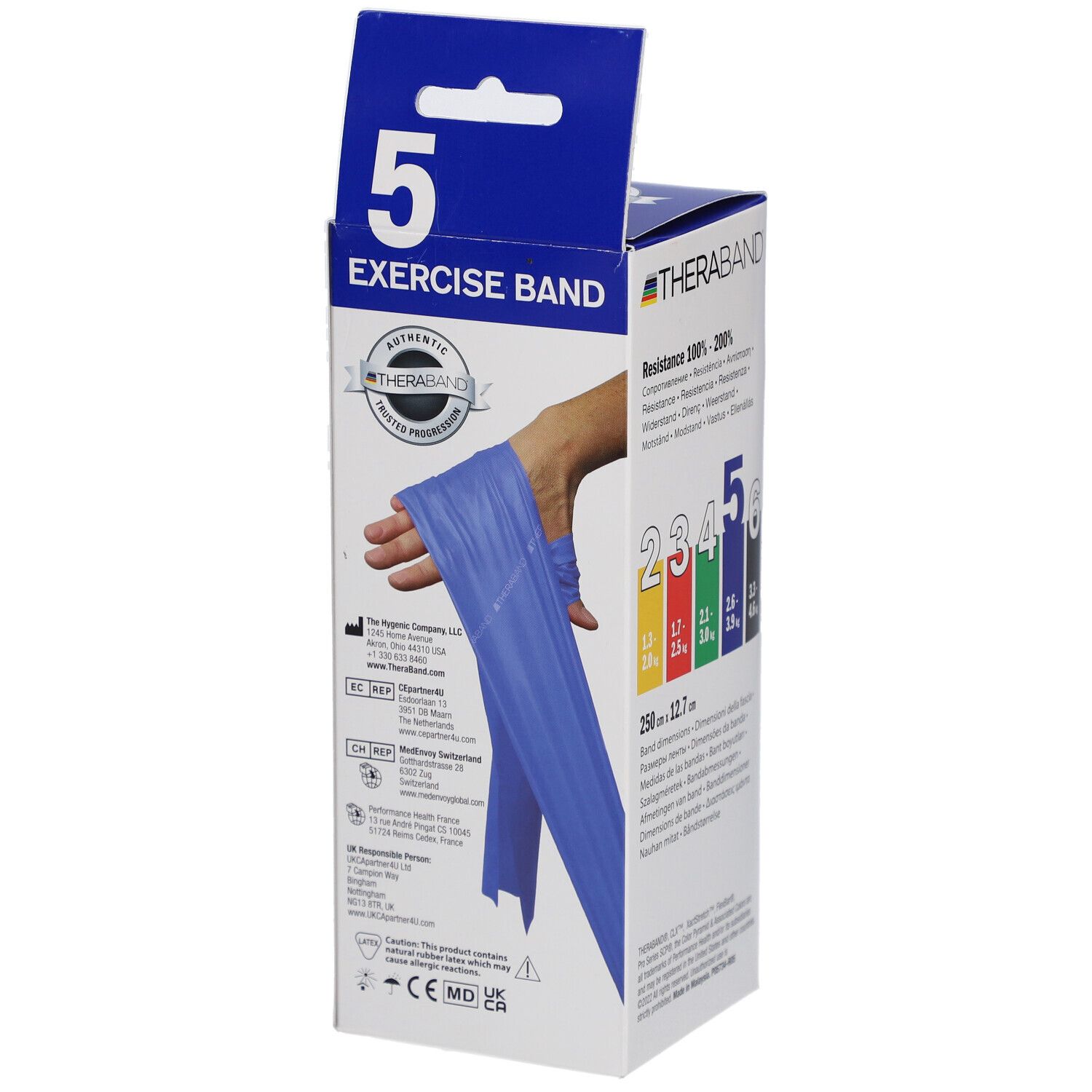 Boîte TheraBand. Bande d'exercice bleue, main tenant la bande. Texte: Exercise Band, 5, TheraBand.