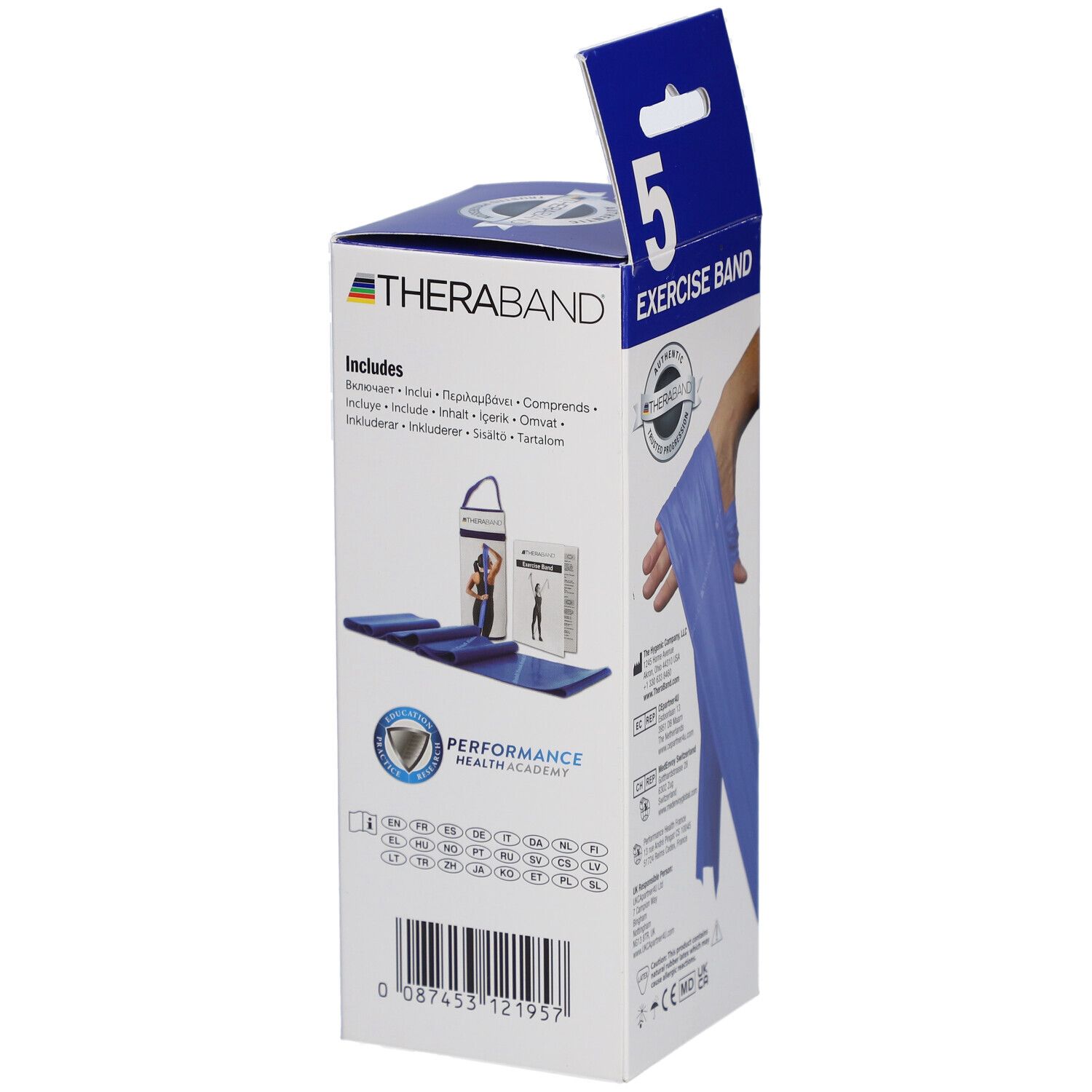 Boîte TheraBand. Accessoires: tapis, sac. Texte: Exercise Band, 5, TheraBand.
