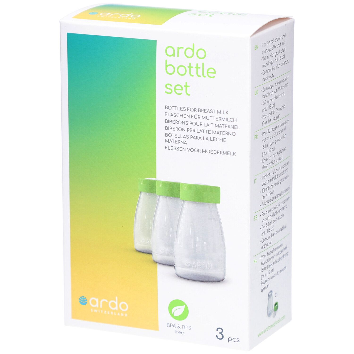 Boîte de 3 biberons. Inscription: ardo bottle set. Biberons pour lait maternel. Sans BPA & BPS.