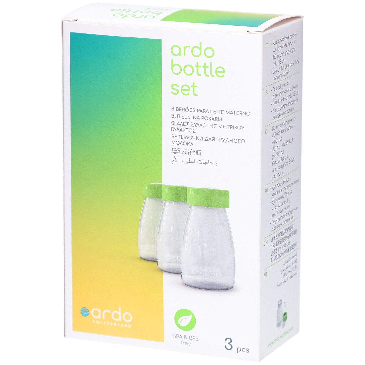 Boîte de 3 biberons. Inscription: ardo bottle set. Biberons pour lait maternel. Sans BPA & BPS.