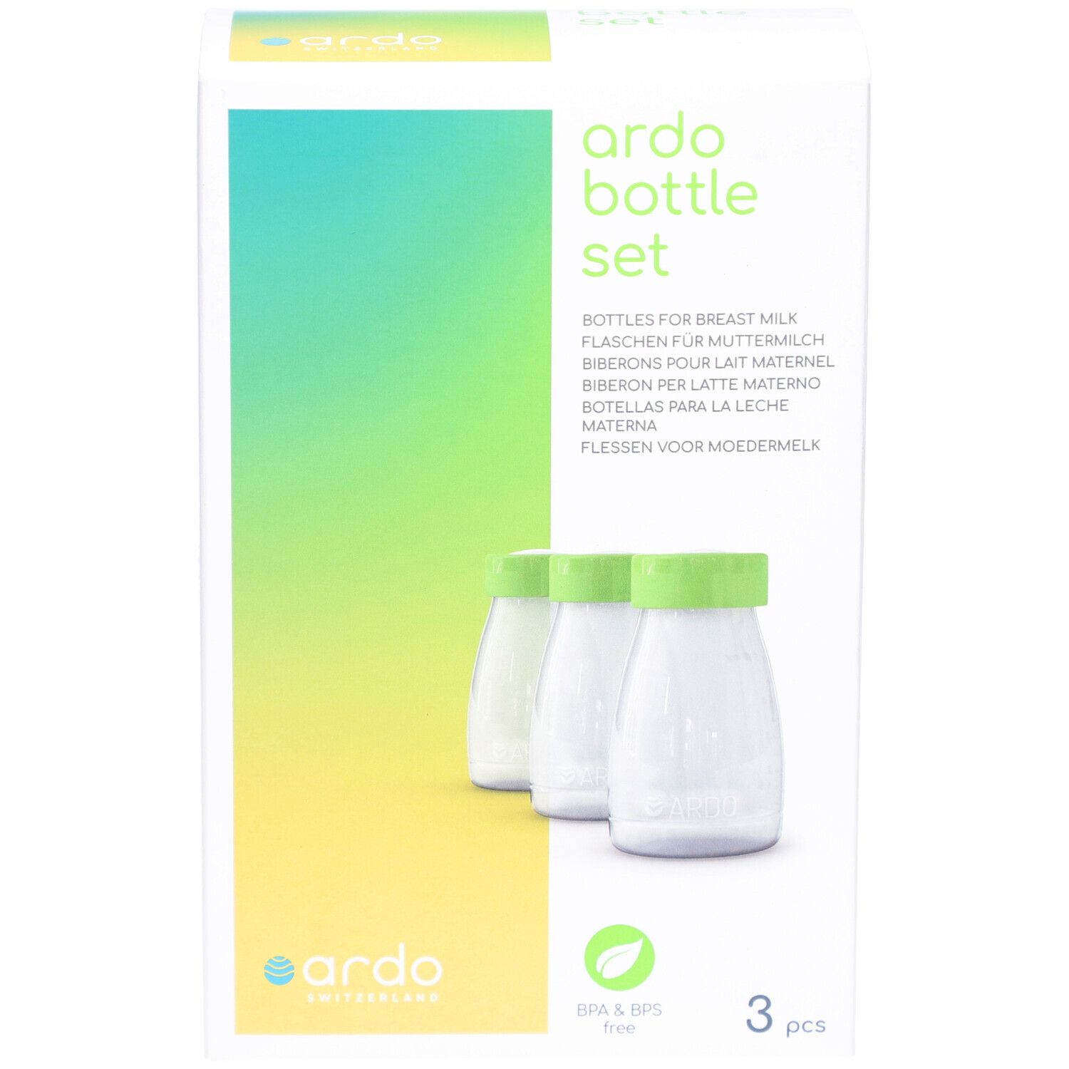 Boîte de 3 biberons. Inscription: ardo bottle set. Biberons pour lait maternel. Sans BPA & BPS.